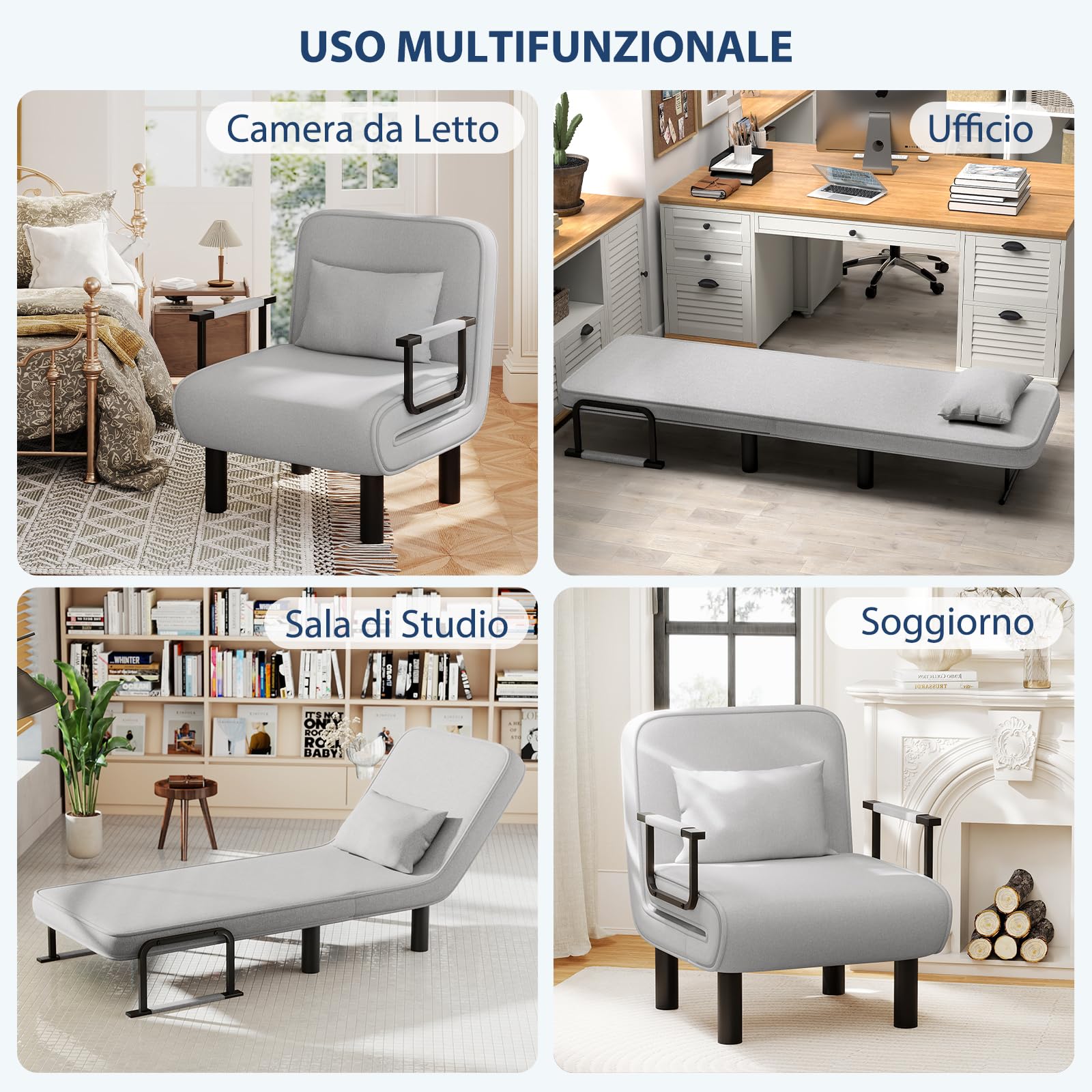 Poltrona Letto 4 in 1, Poltrona Divano Letto Singolo, Poltrona Pieghevole con Schienale Regolabile in 6 Posizioni per Camera da Letto Soggiorno Ufficio, Gregio chiaro