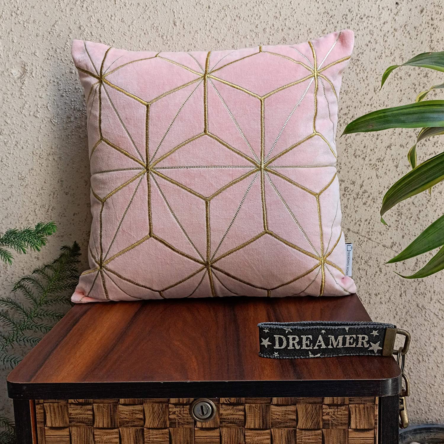 Trending Home Collection Cotton Velvet with ZARI and GOTA Embroidered Stitched Zippered Cushion Cover | 16x16 Inches | Set of 2| (Pink)