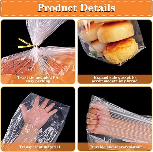 Miniatura 4 de Bolsas de pan con lazos, 30 bolsas de pan transparentes para pan casero y 50 lazos, bolsas de pan de plástico reutilizables ajustables para
