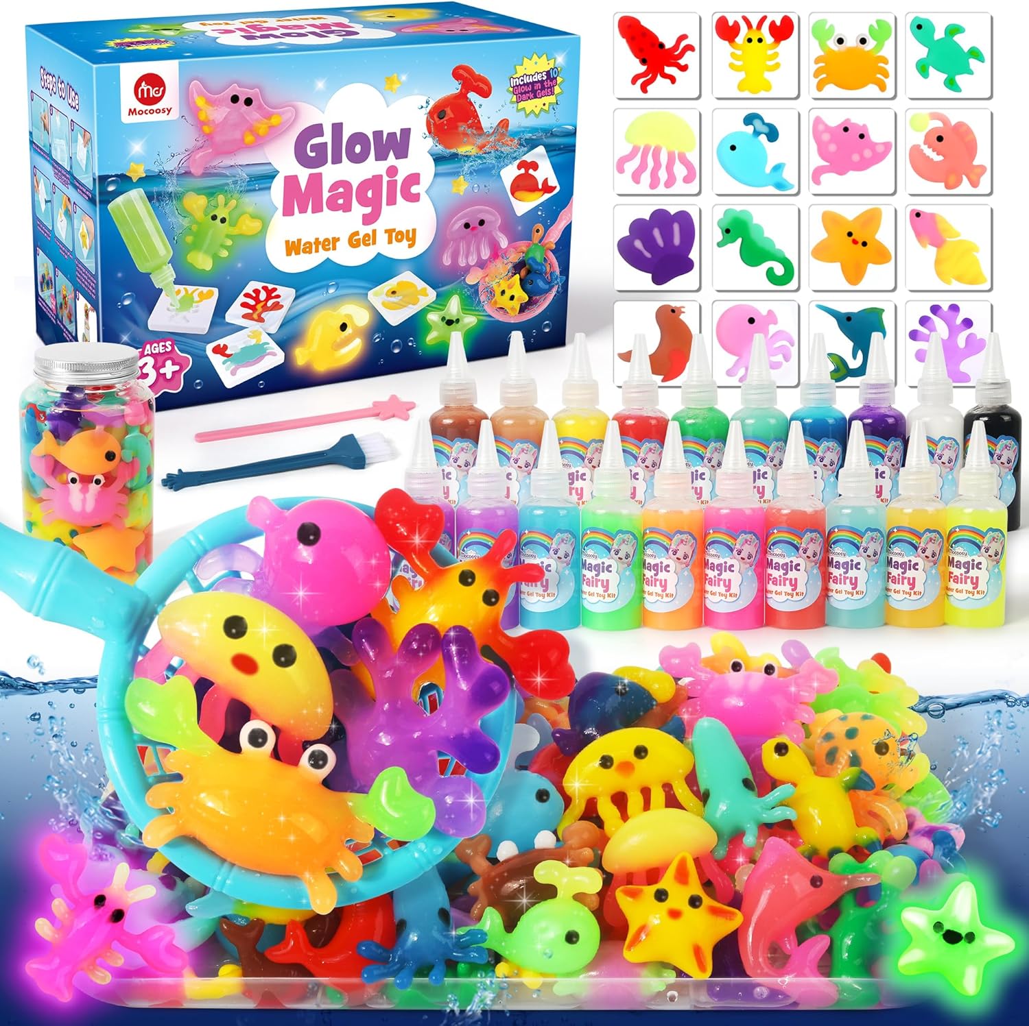 Mocoosy Magic Water Elf Toy Kit for Kids, Glow in the Dark Aqua Fairy Water Gel Kit with 20 Gel & 16 Molds, Make Your Own Squishies, Squishy Maker Set Water Pets DIY STEM Craft Kit Gift for Boys Girls