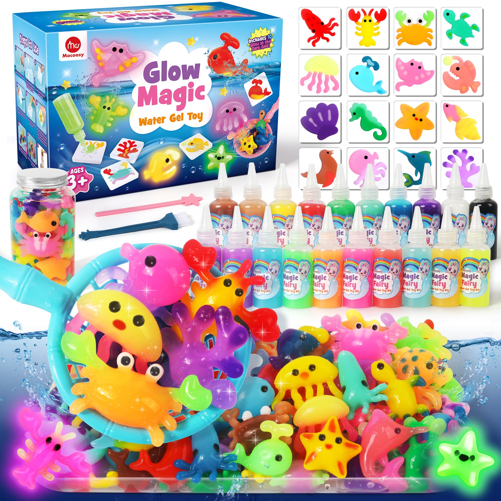 Mocoosy Brilla en la oscuridad Kit de gel de agua mágico, Aqua Gelz 3D Elfo Mágico de Agua Set con 20 Colores &16 Formas, Magic Water Elf, DIY Juguetes Creativos Regalo para Niños Niñas 4 5 6 7 8 Años