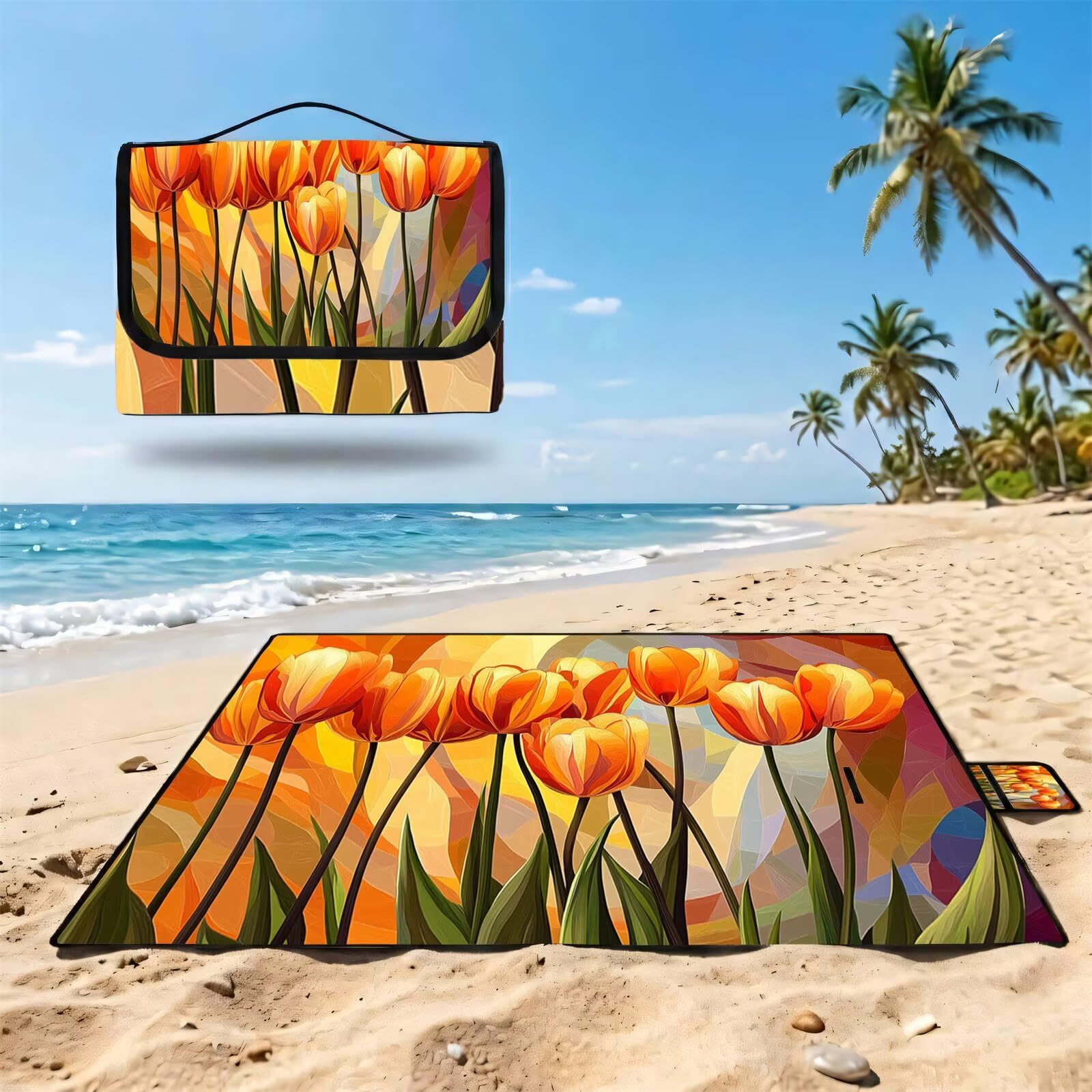 Couverture Pique Nique Grande 200x300cm,Outdoor Couverture Imperméable,Pliable Tapis de Plage Dos en PVC,Picnic Blanket pour Camping Accessoires,Jardin,Parc,Famille - Orange brûlé,Tulipe UZ-357