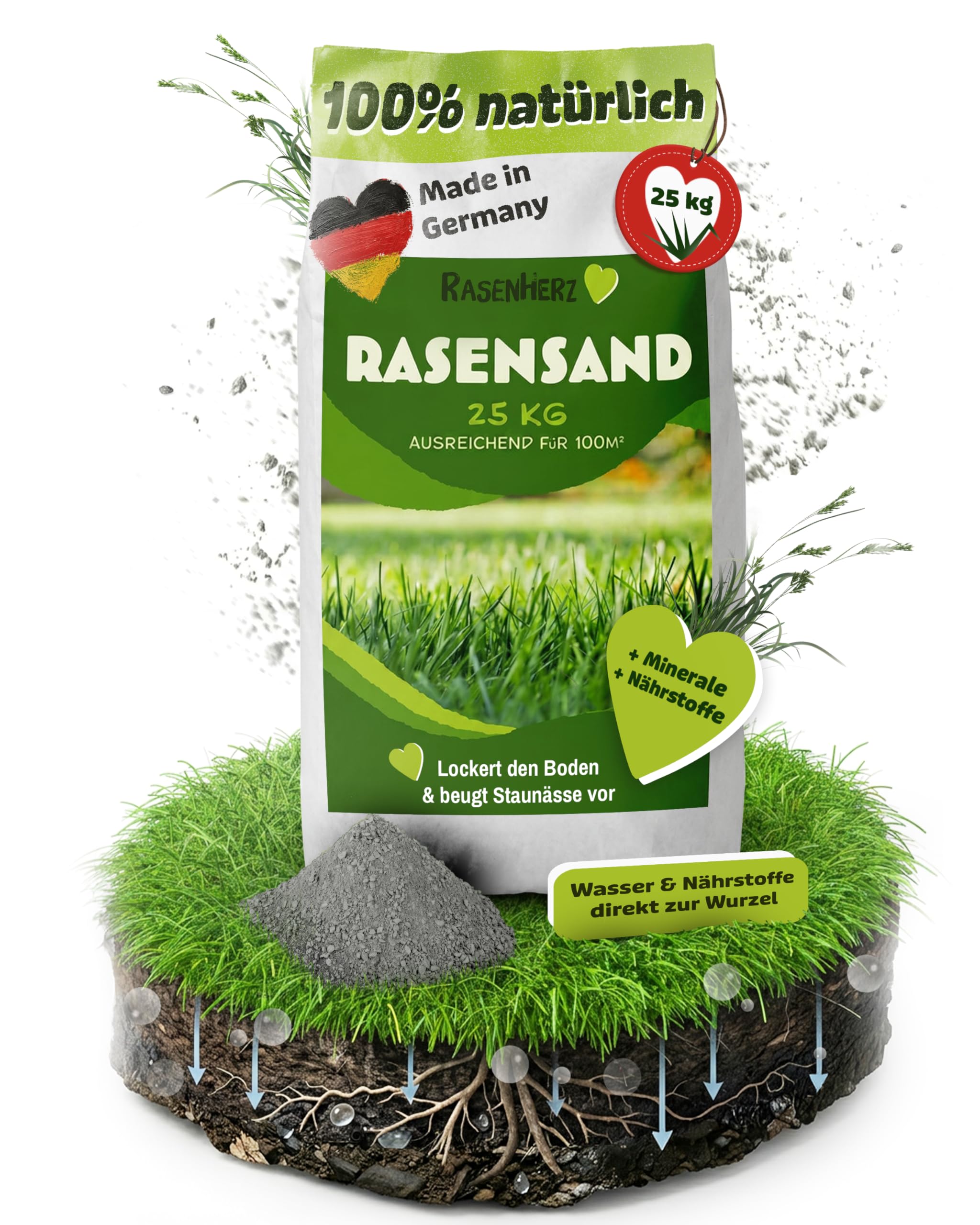 RasenHerz, 25 kg für 100m² Rasensand für dichten, grünen Rasen Rasenpflege, Bodenverbesserer, Nährstoffe, Diabas petigi