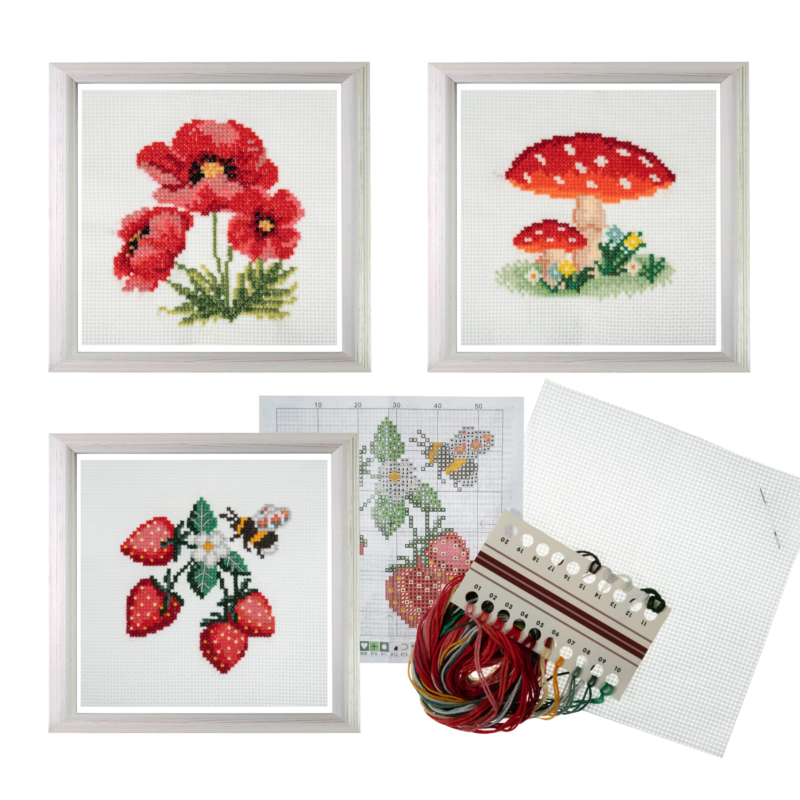 Trimits 3PK Cross Stitch Kits for Adults Beginners - Pre Printed Cross Stitch Kit, Beginners Embroidery Kit for Adults & Kids, Complete Embroidery Starter Set - 13x13cm, Toadstool/Strawberries/Poppies
