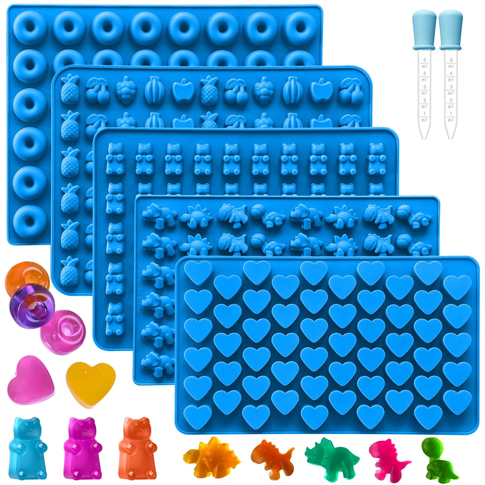 Sidosir 7Pcs Gummy Candy Molds, Gummy Bear/Dinosaur/Fruit/Donut/Hearts Molds, Non-stick Silicone Candy Chocolate Mold (5Shape+2Droppers)