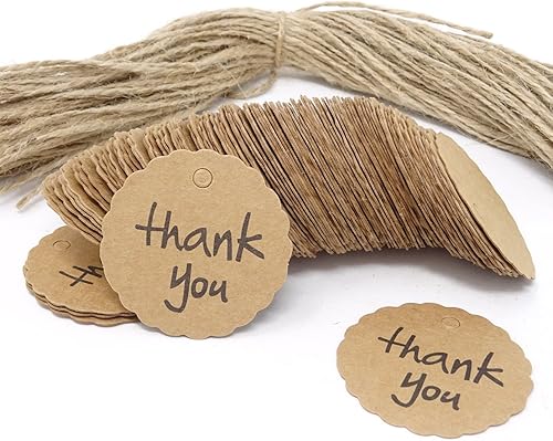 Honbay 100 etiquetas redondas festoneadas de papel kraft marrón con 100 cordeles de yute para bodas, cumpleaños, baby shower, Navidad, recuerdos de