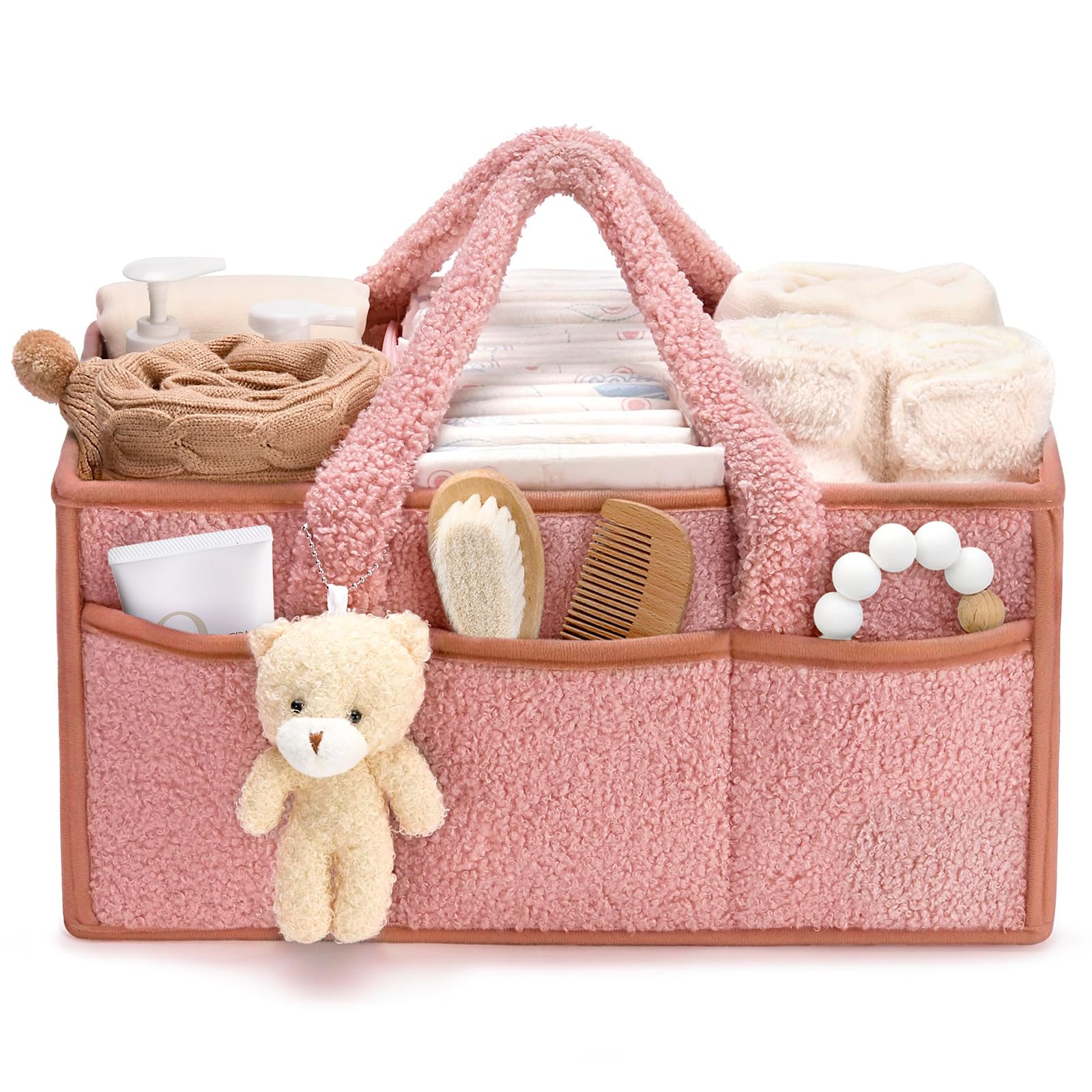 Tuocal Wickeltisch Organizer, Baby Windel Caddy Organizer Korb mit Fächern & Griffen, Tragbarer Baby Aufbewahrungskorb für Windeln und Feuchttüche, Geschenk für Babyparty, Rosa