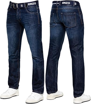 989Z  ENZO Mens Jeans Classic Straight Leg Casual Cotton Regular Fit Denim Pants Free Belt