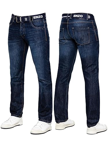 989Zé ENZO Mens Jeans Classic Straight Leg Casual Cotton Regular Fit Denim Pants Free Belt