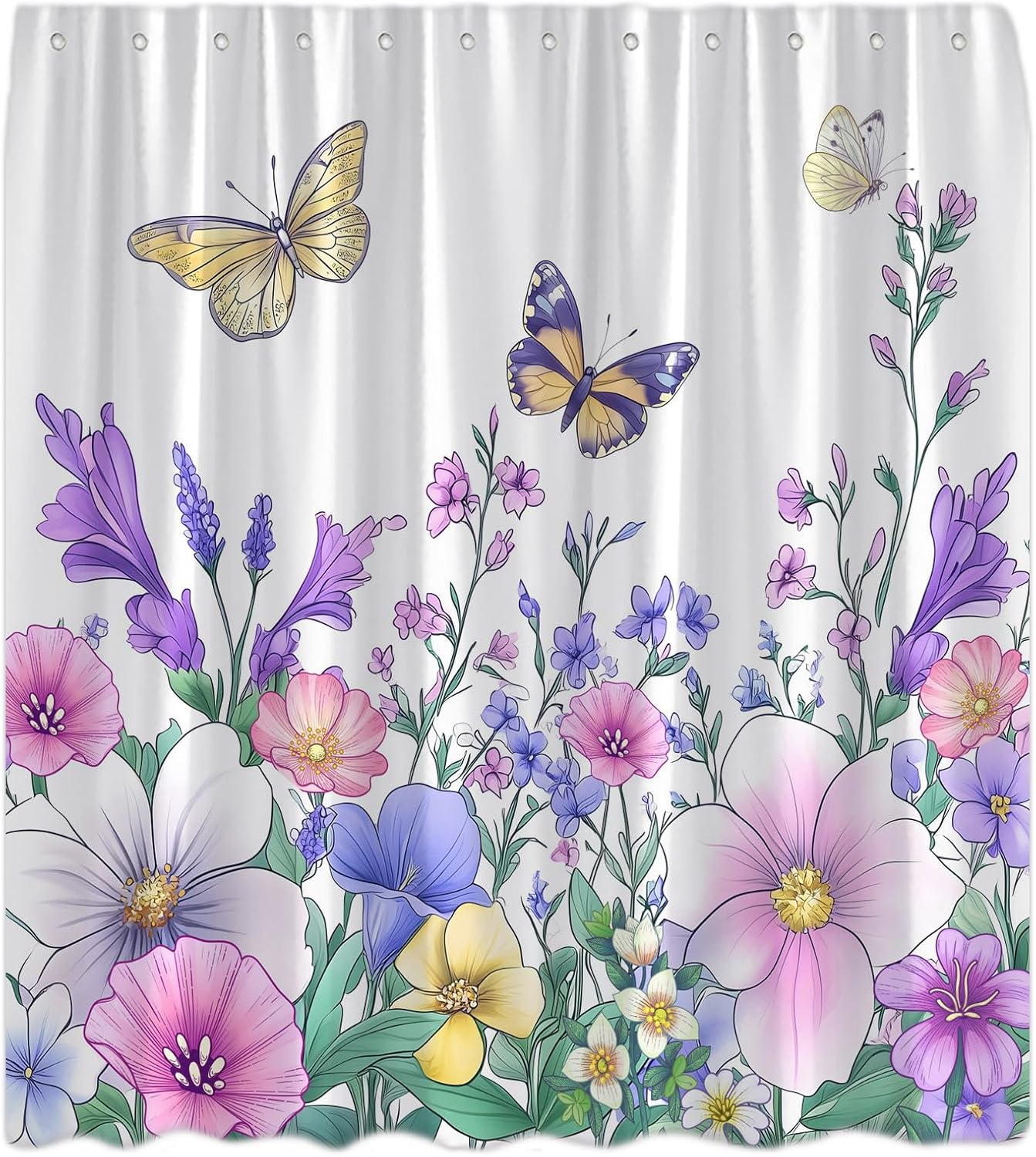 Watercolor Floral Shower Curtain Purple Flower Butterfly Spring Rustic Farmhosue Botanical Plant Wildflower Garden Modern Bathroom Curtains Decor with Hooks