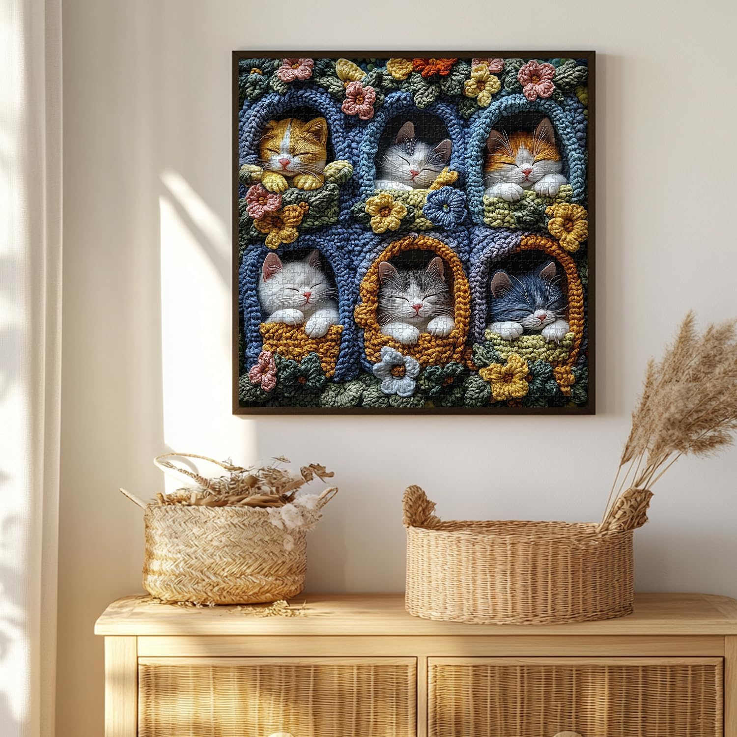 Cat Puzzles for Adults 1000 Pieces, PICKFORU Cute Kitten Puzzle Wildflowers Embroidery, Difficult Animal Flower Art Theme as Wall Decor