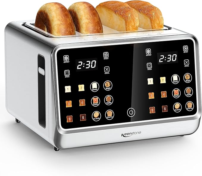Keenstone Toaster 4 Slice, Digital Smart Toaster with TouchScreen, Dual Control Panel, Single Slot Toasting, Timer, Reheat & Defrost for Bagels, Bread, Waffles, Stainless Steel Kitchen Essentials