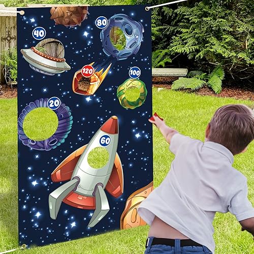 Cartel de juegos de lanzamiento del espacio exterior, telón de fondo para interiores o exteriores, temática de galaxia, suministros para decoración