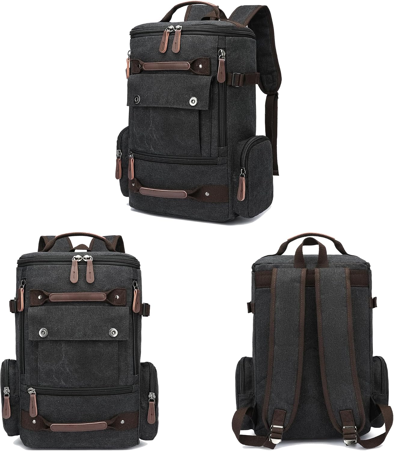 15.6 inch Canvas Laptop Backpack for Men Women, Casual Daypack for Work, Camping, Hiking, Multi Functional Vintage Travel Rucksack, Unisex Black
