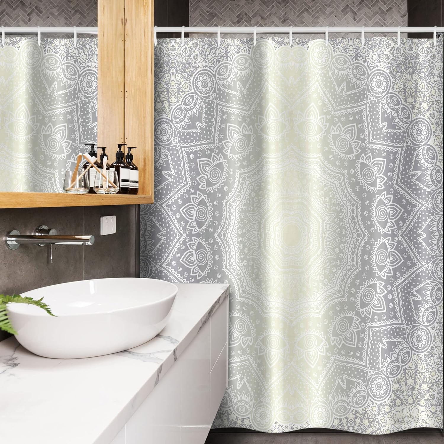 Ambesonne Grey and White Stall Shower Curtain, Culture Mandala Circle Ombre Art Cosmos, Fabric Bathroom Decor Set with Hooks, 54" W x 78" L, Grey Ivory