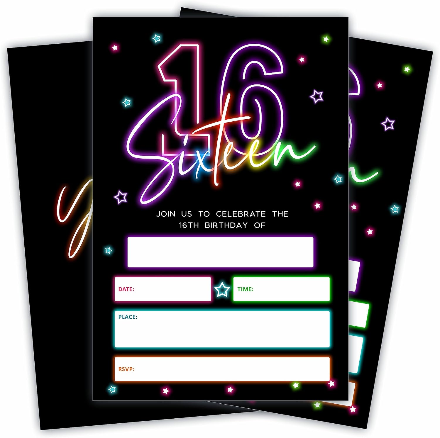 16th Birthday Invitations - Colorful Glow Neon - 20Pcs Double-Sided Fill- In Invitation Cards & Envelopes Birthday Party Favor & Supplies-D06