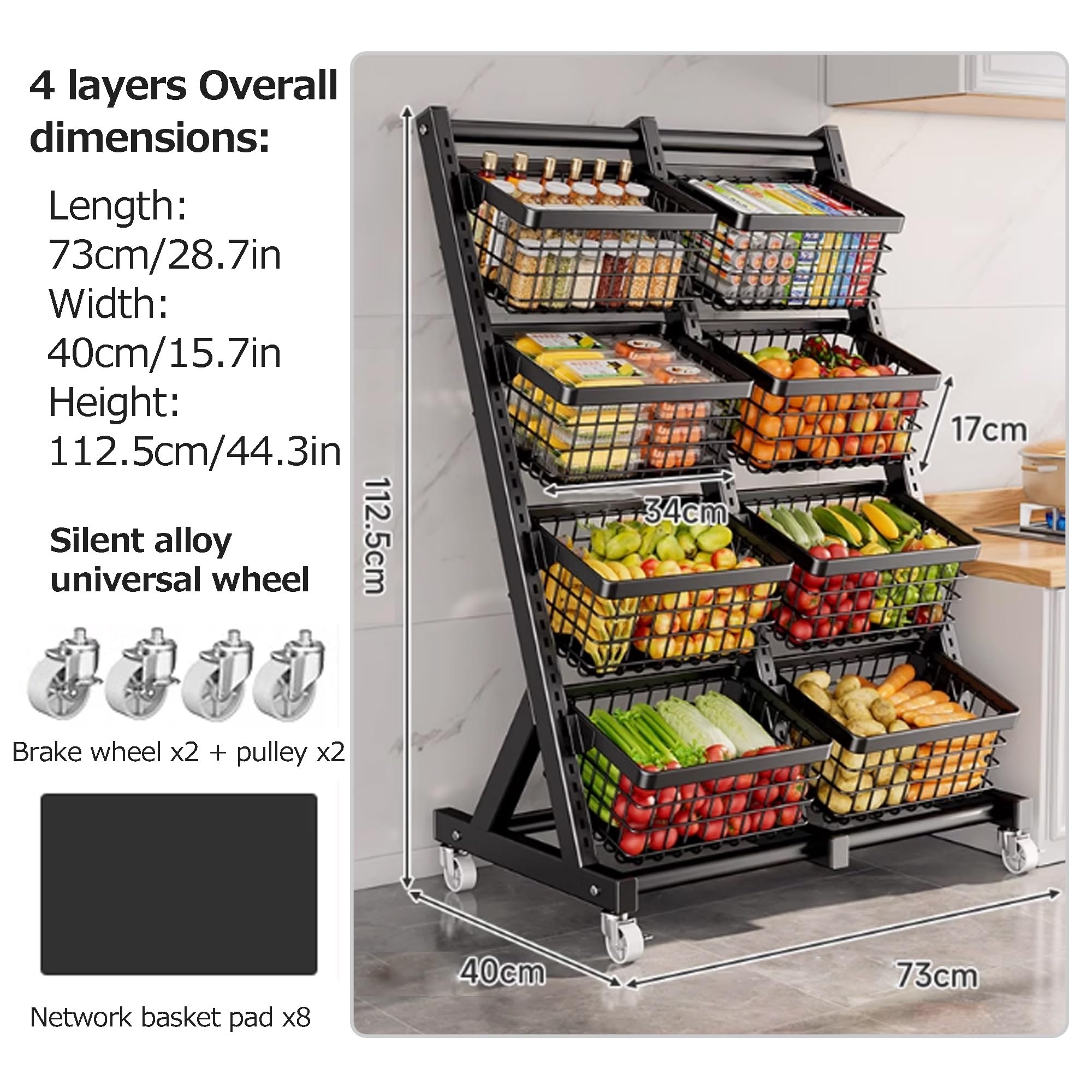 Präsentationsregal für Snacks, Obst- und Gemüseregal auf dem Boden, multifunktionales Aufbewahrungsregal für Haushaltsgemüse, Küchenorganizer mit Aufbewahrungskörben(Nero,73 * 40 * 112.5cm)
