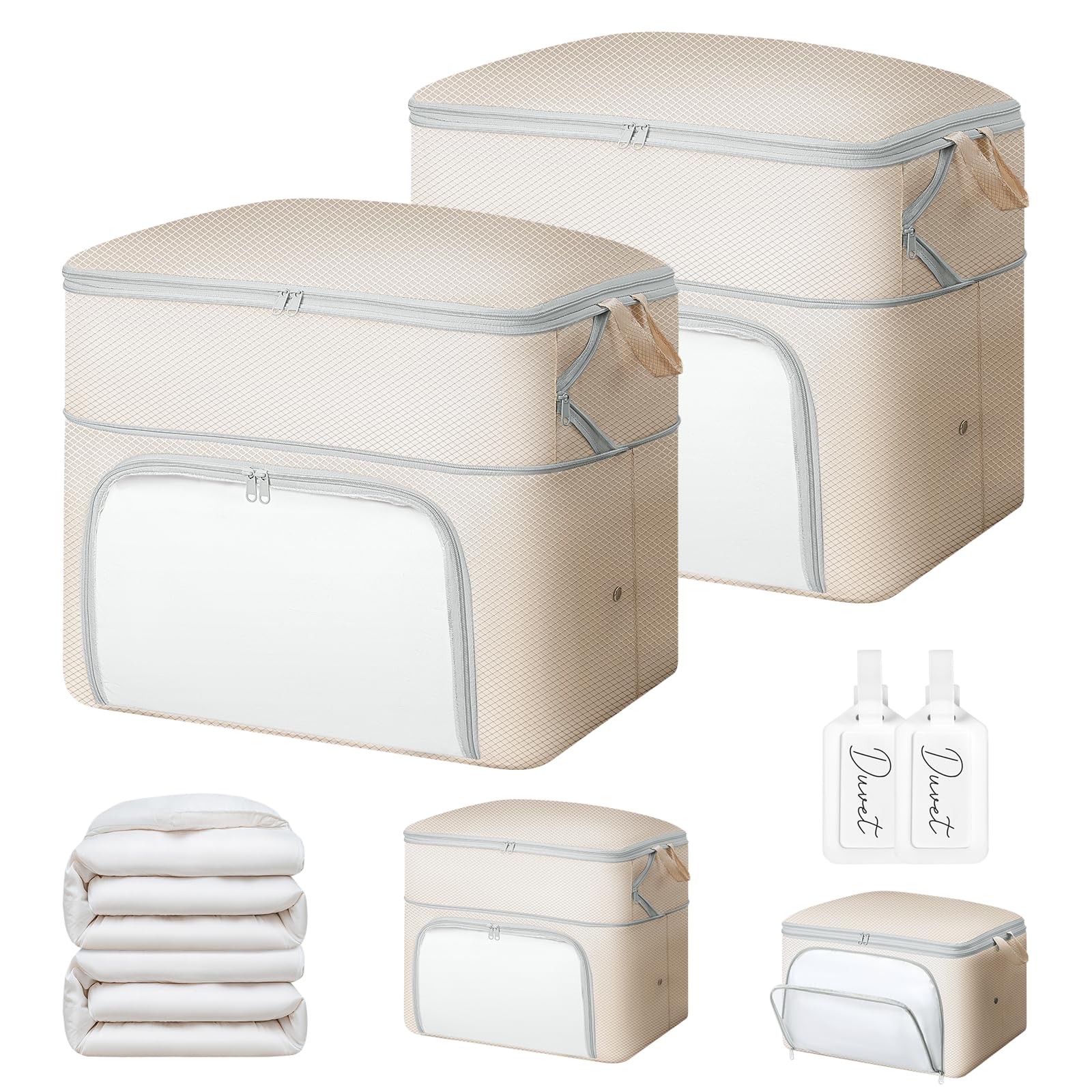 DIMJ Compression Duvet Storage Bags - 2 Pack 200L Self No Pump Compress Bags Bedding Box with Clear Front-Opening Window Dual Handles and Labels for Flat Dorms Travel Moving, Blankets,Beige