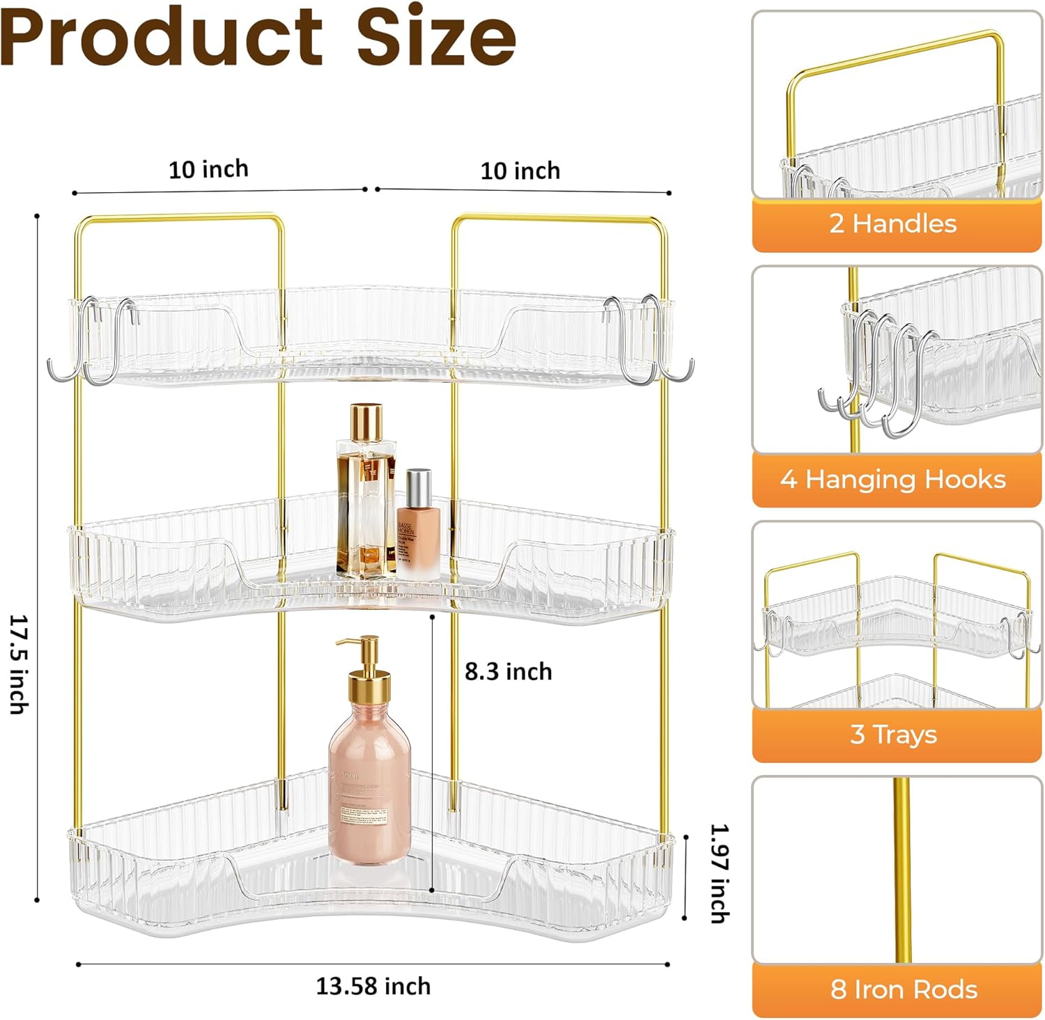 Corner Bathroom Counter Organizer 3-Tier Bathroom Organizer Countertop with Hooks Perfume Organizers Storage Shelf for Makeup & Skincare Dresser-Clear