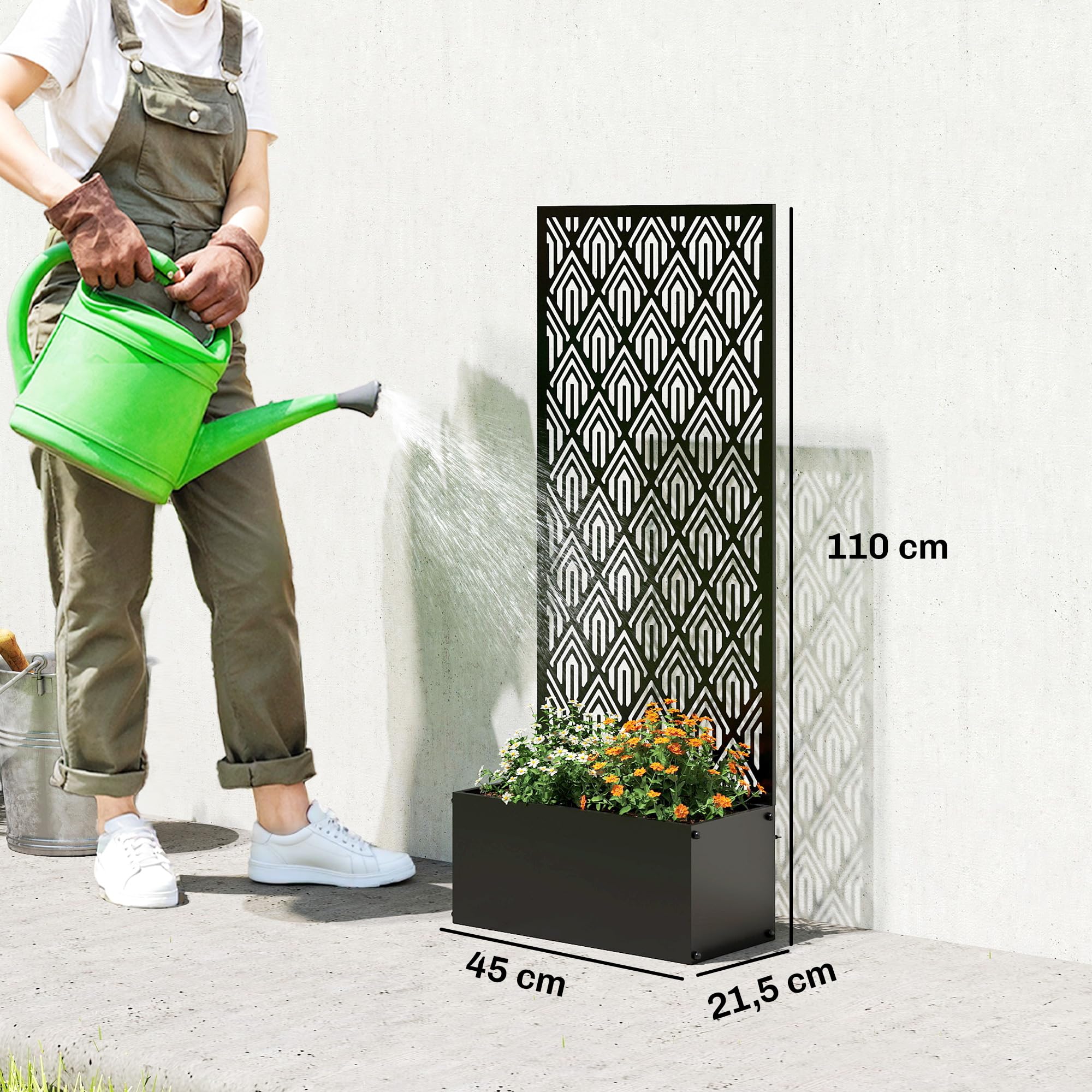 Outsunny Jardinière avec Treillis, bac à Fleurs, lit surélevé avec Brise-Vue, à Motif géométrique, pour Plantes grimpantes, légumes, Fleurs, métal, intérieur et extérieur, 45x21,5x110cm, Noir