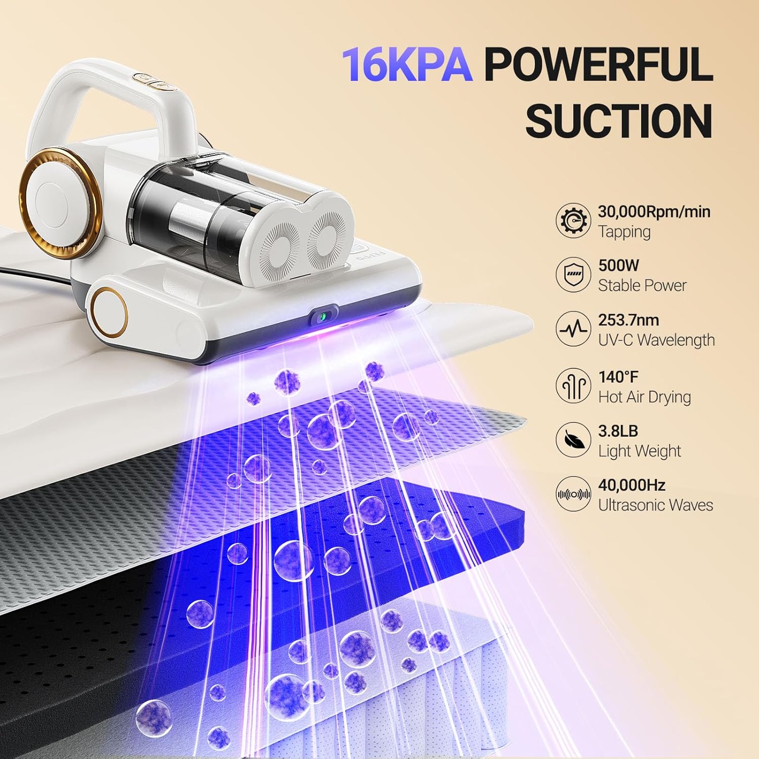 FEPPO Mattress Vacuum Cleaner, 16Kpa Bed Vacuum Cleaner with 253.7nm UV-C Light, 140°F Heat, HEPA Filter & Ultrasonic, Versatile Handheld Vacuums for Bed, Sofa, Couch, Crib(Corded, 500W) White