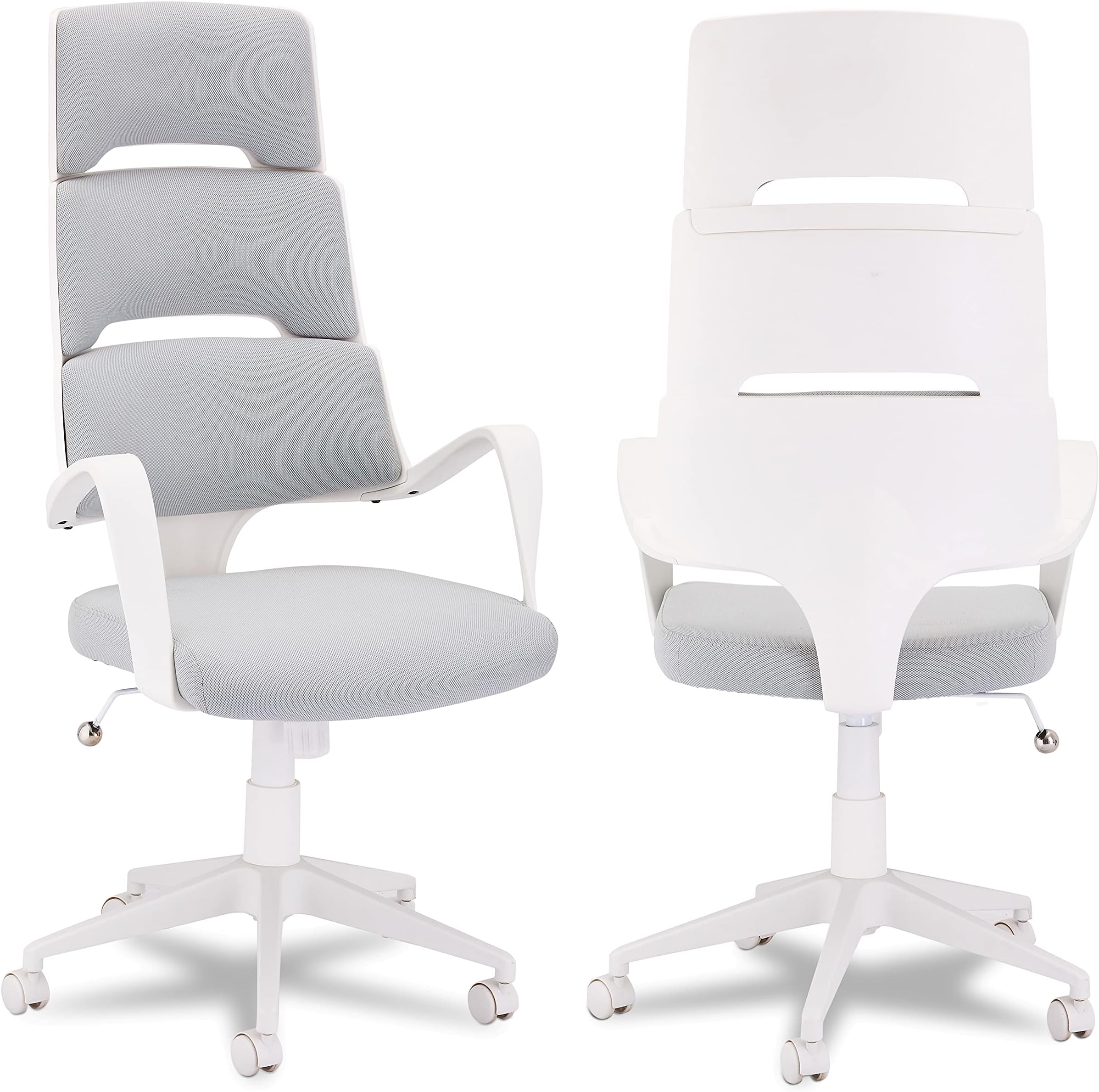 Furnhouse White Executive High Back Grey Fabric Office Chair Ergonomic Computer Desk Chair Domo, Height Adjustable & Swivel Chair with Armrest & Lumbar Support, SH: 46-54, 190050