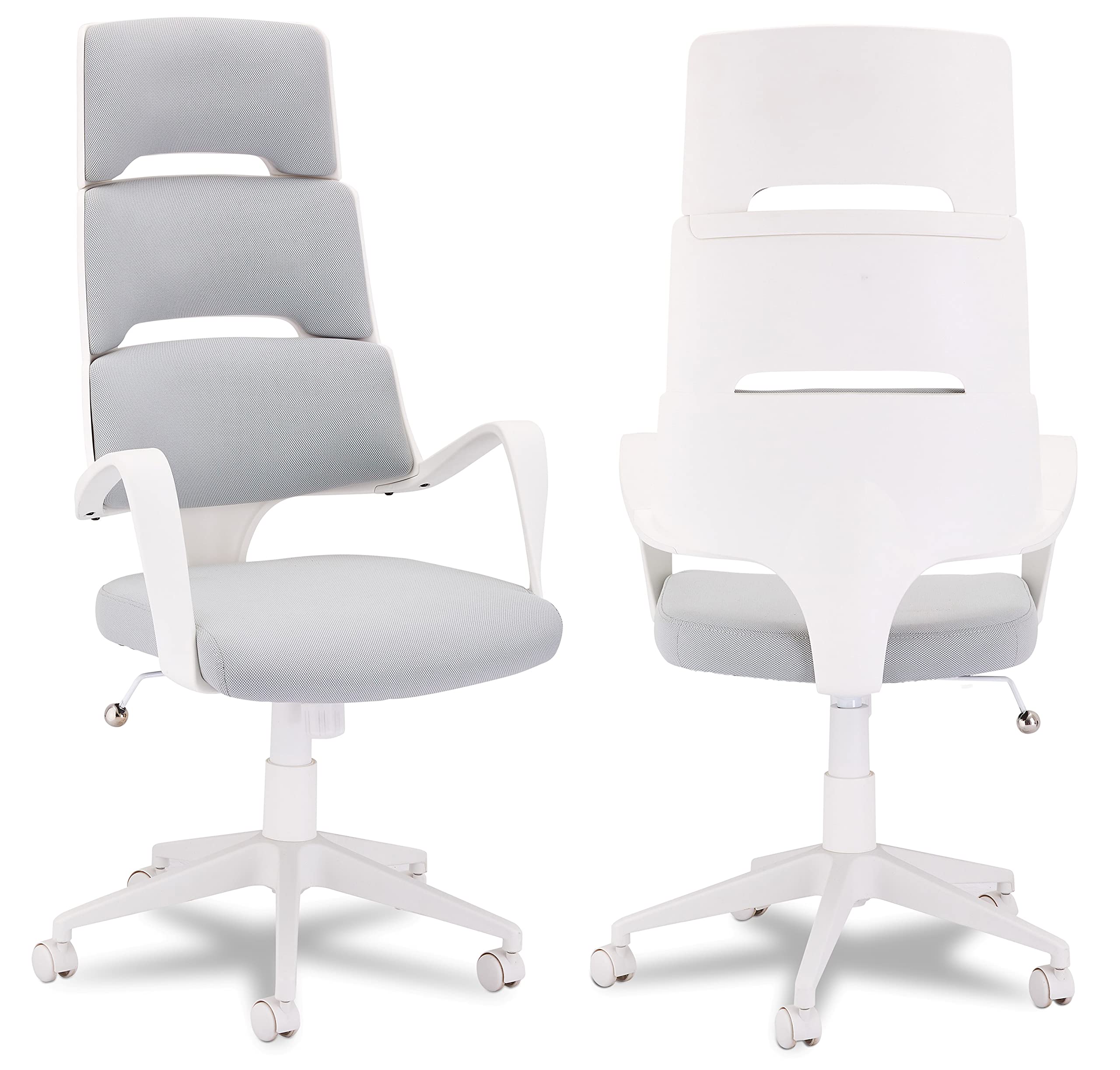 Furnhouse White Executive High Back Grey Fabric Office Chair Ergonomic Computer Desk Chair Domo, Height Adjustable & Swivel Chair with Armrest & Lumbar Support, SH: 46-54, 190050