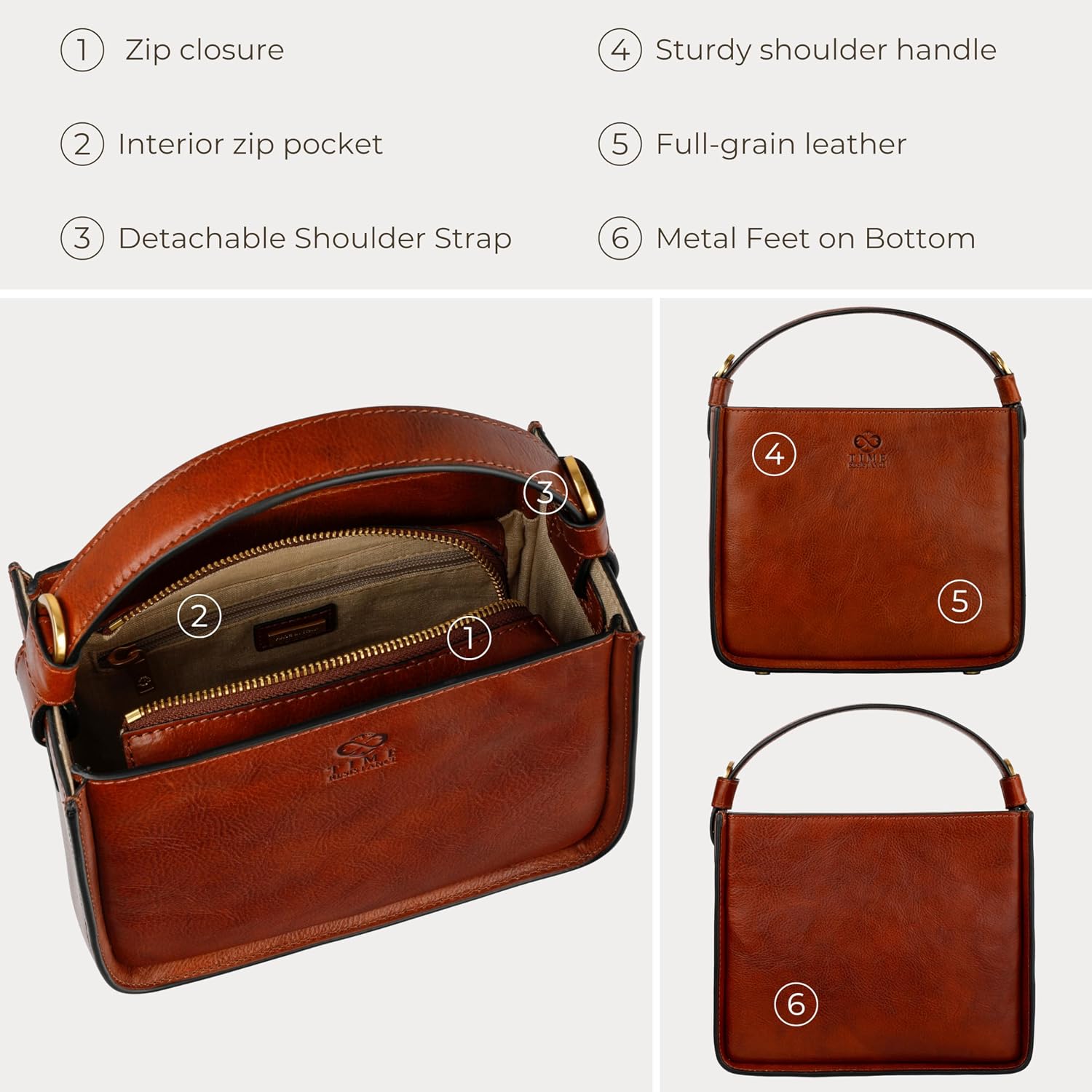 Time Resistance Leather Handbag - Full-Grain Leather Purse for Women - Tote Bag with Detachable Shoulder Strap