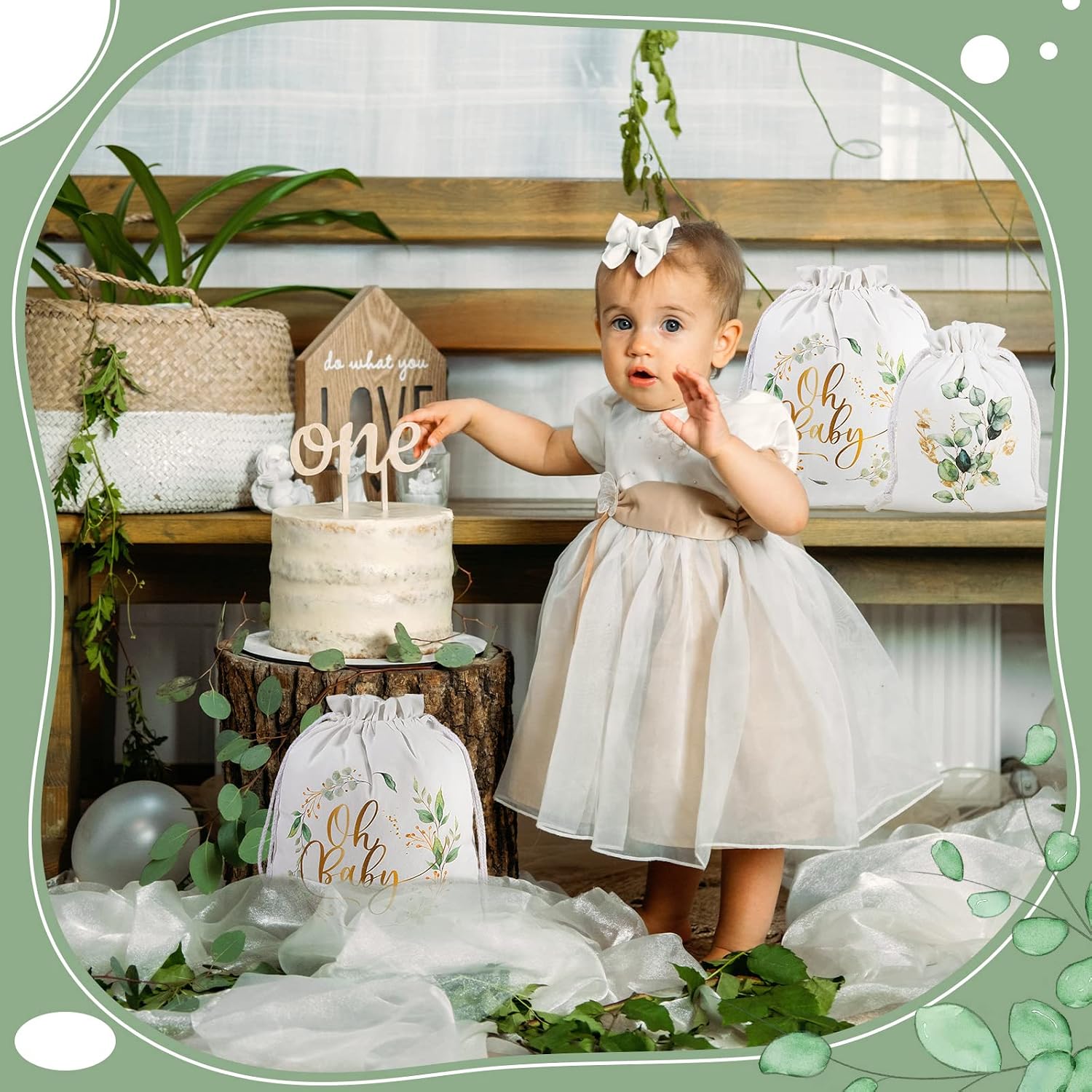 Tessco 2 Pcs Baby Shower Eucalyptus Gift Bags 20" Large 12" Small Drawstring Canvas Gift Bags Reusable Boho Greenery Fabric Wrap for Baby Shower Gender Reveal Birthday Party Favors
