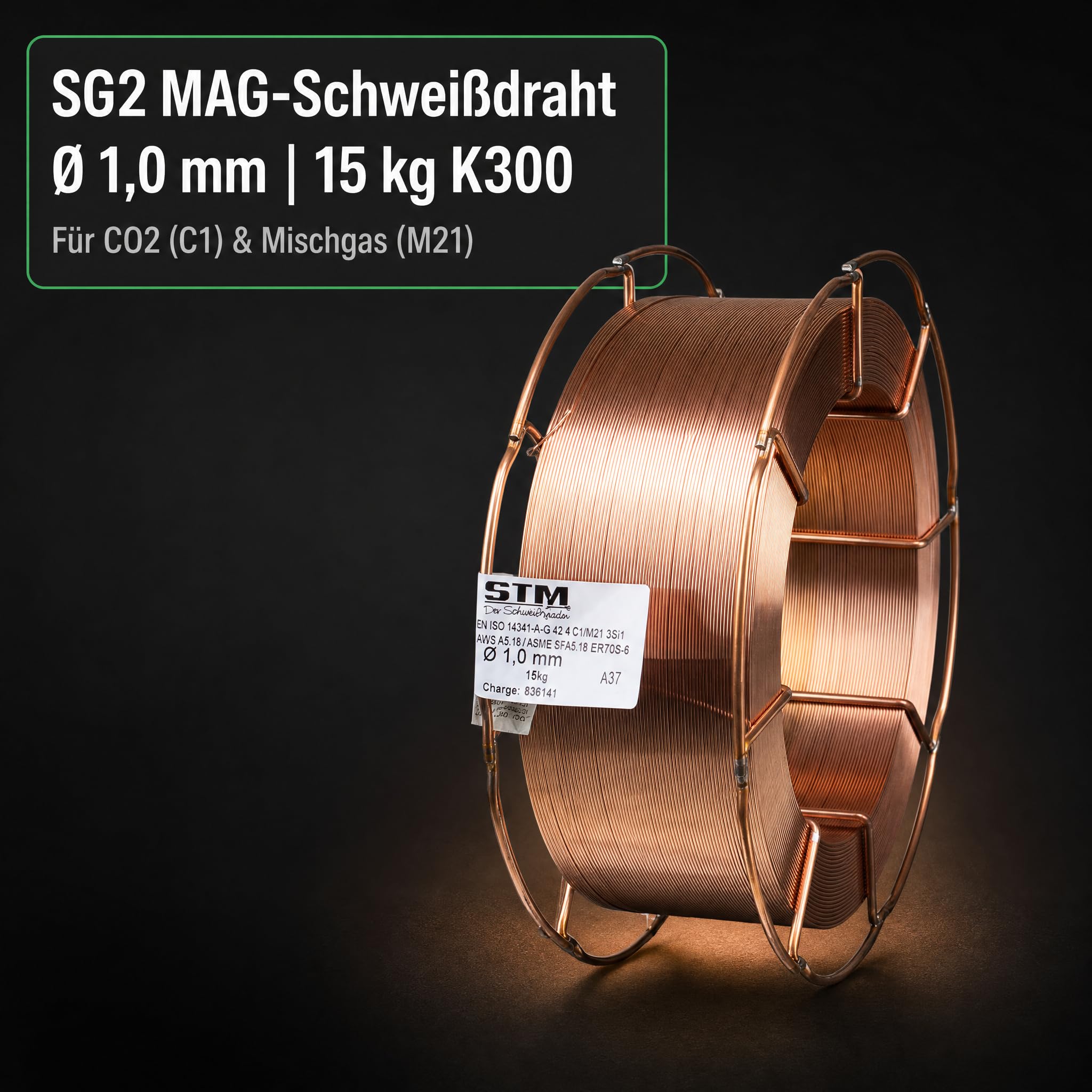 Alambre de soldadura MIG MAG de acero, diámetro de 1,0 mm, SG2, CO2, G3Si1, 15 kg, K300
