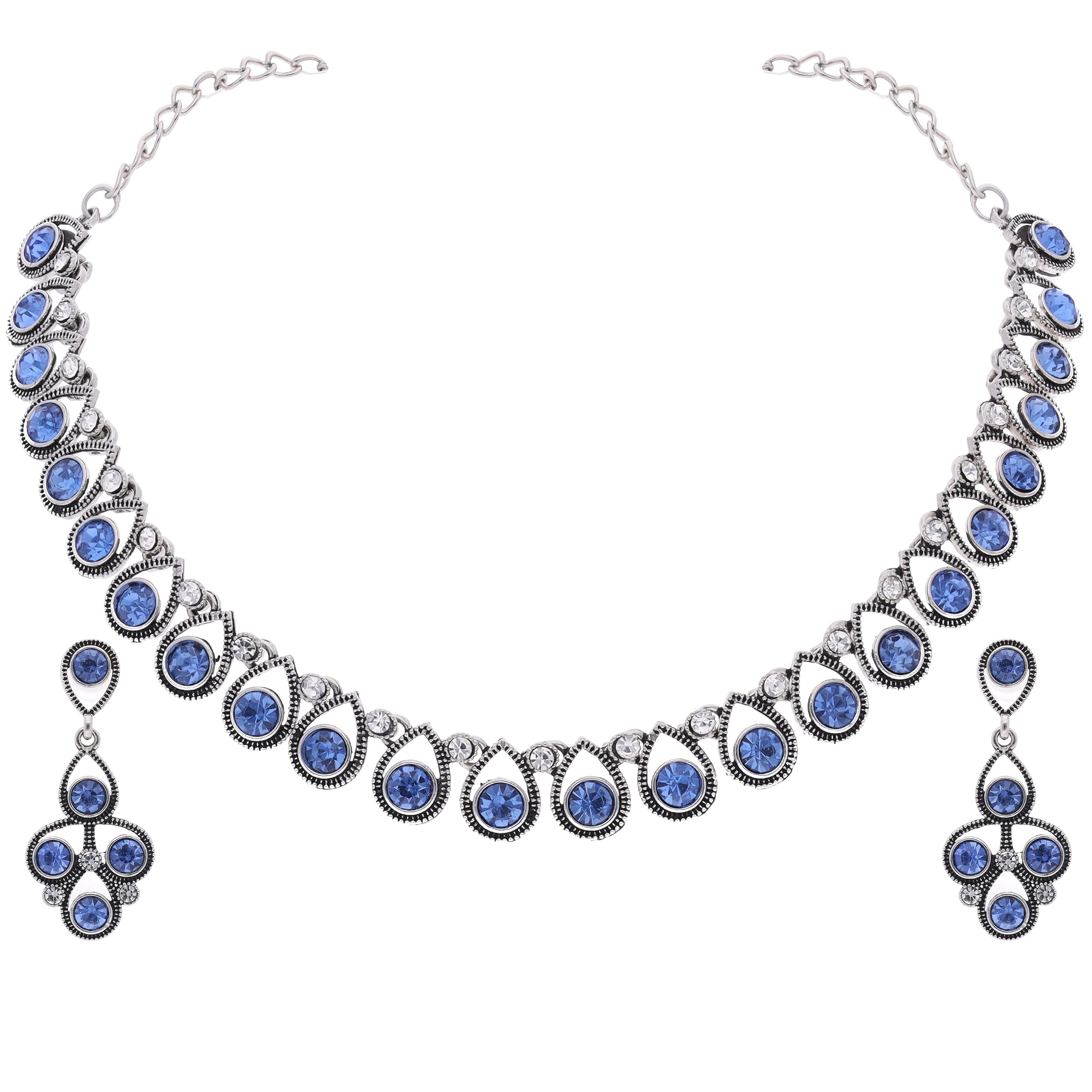 Brado Jewellery Women Oxidised Silver-Plated Artificial Stone Studded Necklace Jewellery Set With 1 Pair Of Earring (Silver - Aquablue) (B0CHVNCHM2) Amazon Price History, Amazon Price Tracker