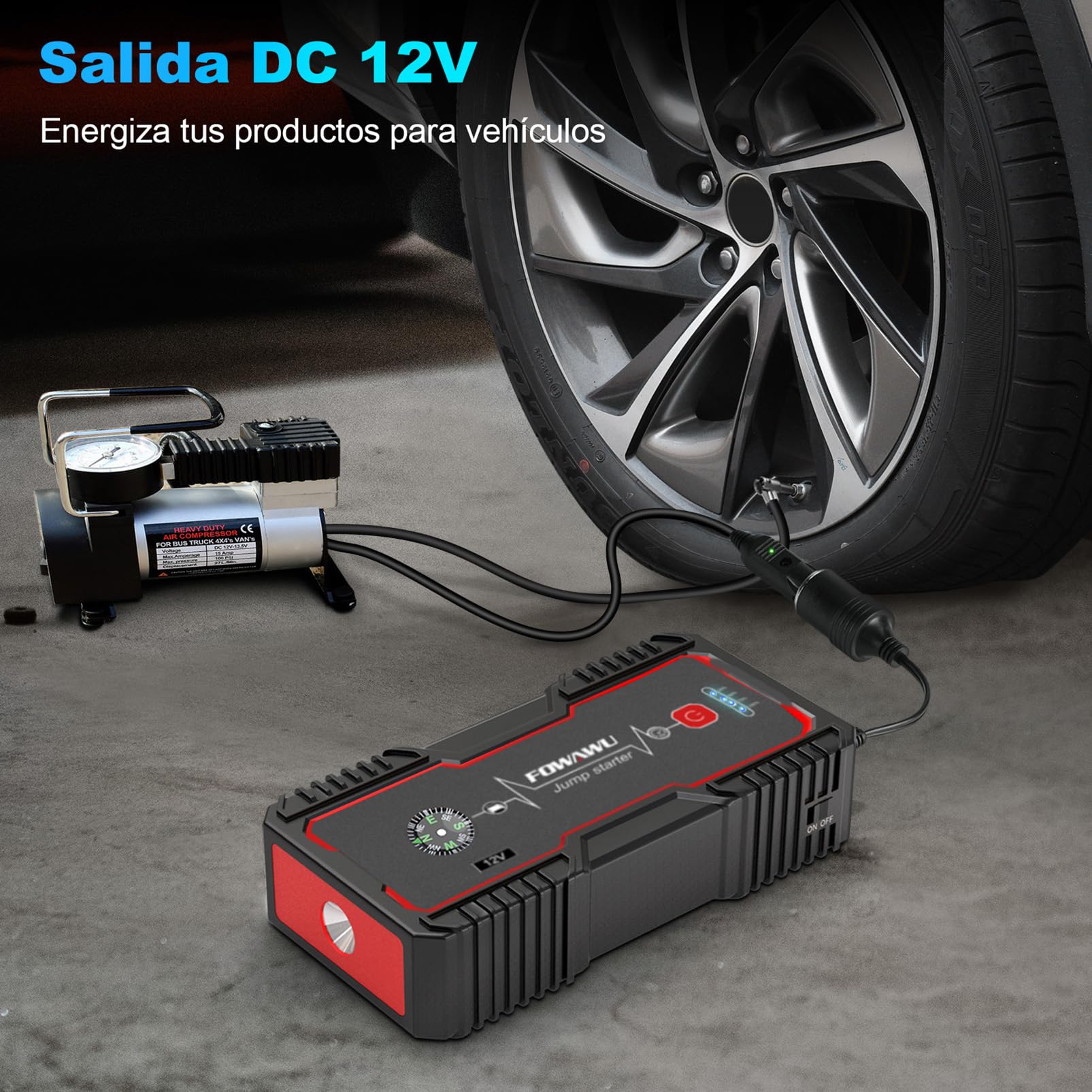 FOWAWU Arrancador de Coches,25800mAh 5000A Arrancador de Baterias de Coche(para 10L de Gasolina o 8.0L de Diésel), con Carga Rápida QC3.0,Linterna LED, DC 12V,Brújula,Garantía de 2 años(Negro)