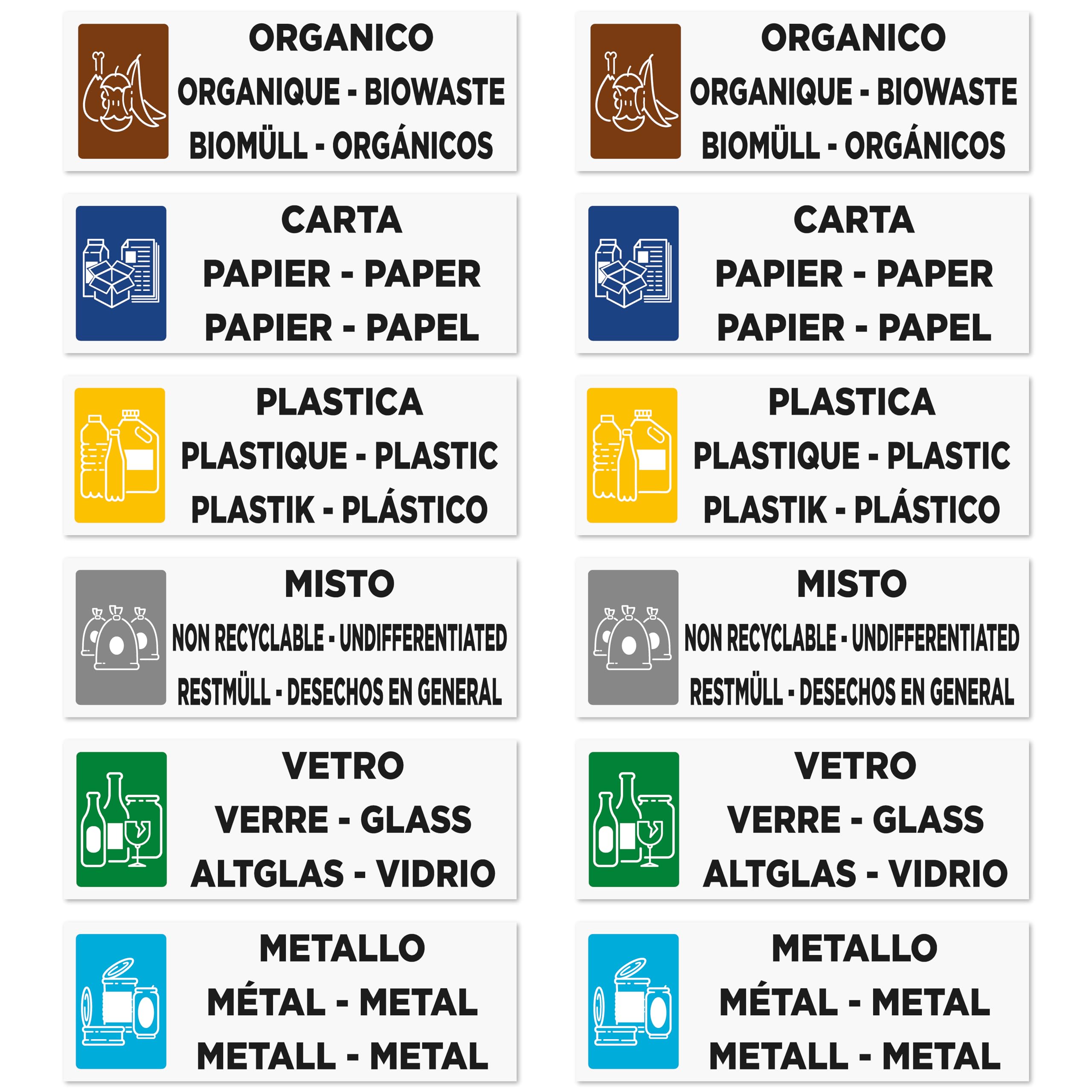 Pegatinas Para La Recogida Diferenciada, Etiquetas Adhesivas Recicladas Con Ilustraciones Y Inscripciones En Blanco Y Negro, Lavables, En Italiano E Inglés, 5 Unidades De 15 X 4 Cm