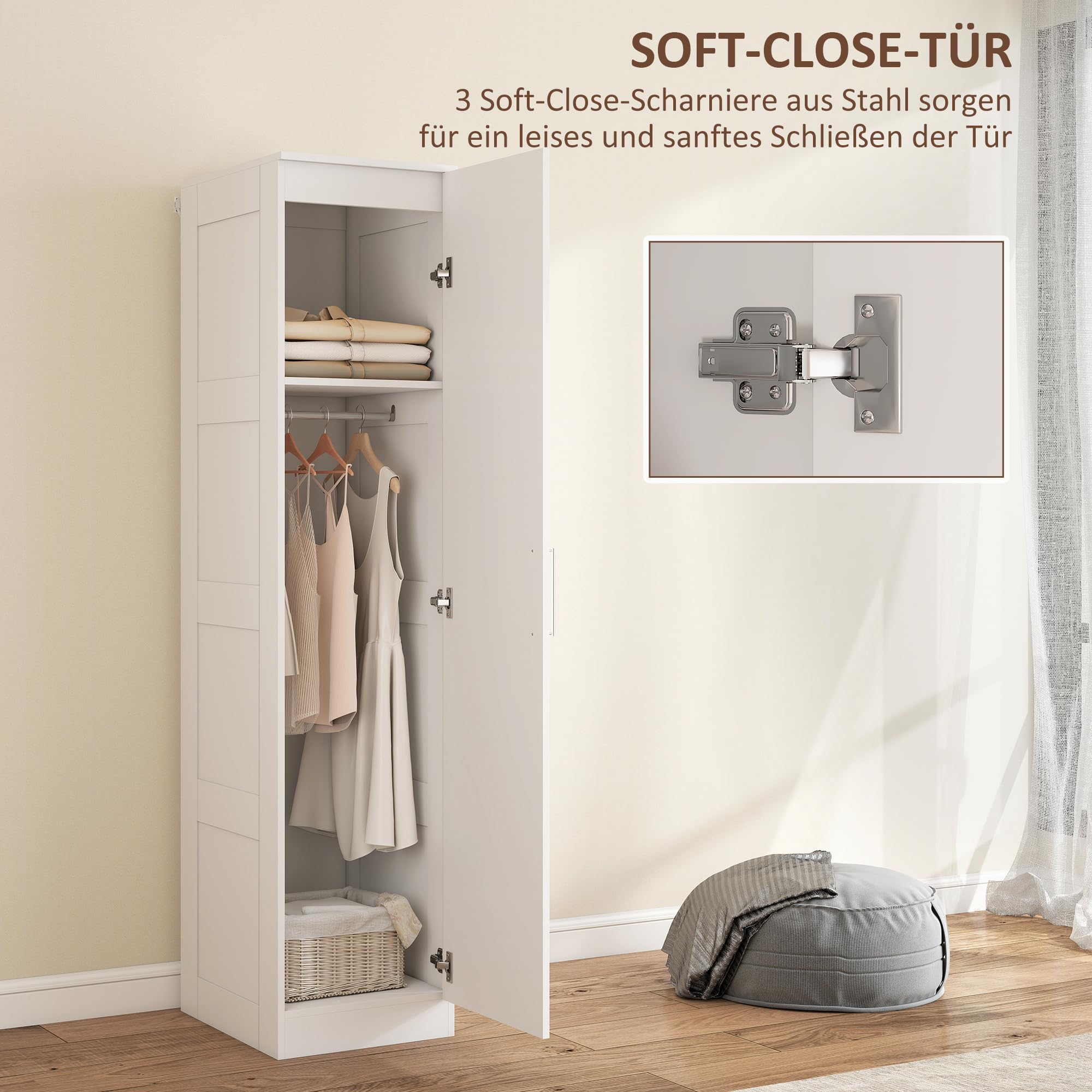 HOMCOM Kleiderschrank Mehrzweckschrank mit Kleiderstange, Regal, Soft-Close-Tür Garderobenschrank Schrank Drehtürenschrank für Schlafzimmer 40 x 52 x 180 cm Weiß