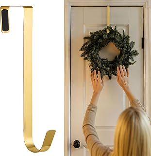 Wreath Hanger for Front Door, 12" Wreath Door Hanger for Hanging Clothes, Bags - Wreath Hook Perfect for Halloween Wreath, Wedding & Christmas Decorations Over Door Hanger (Golden)