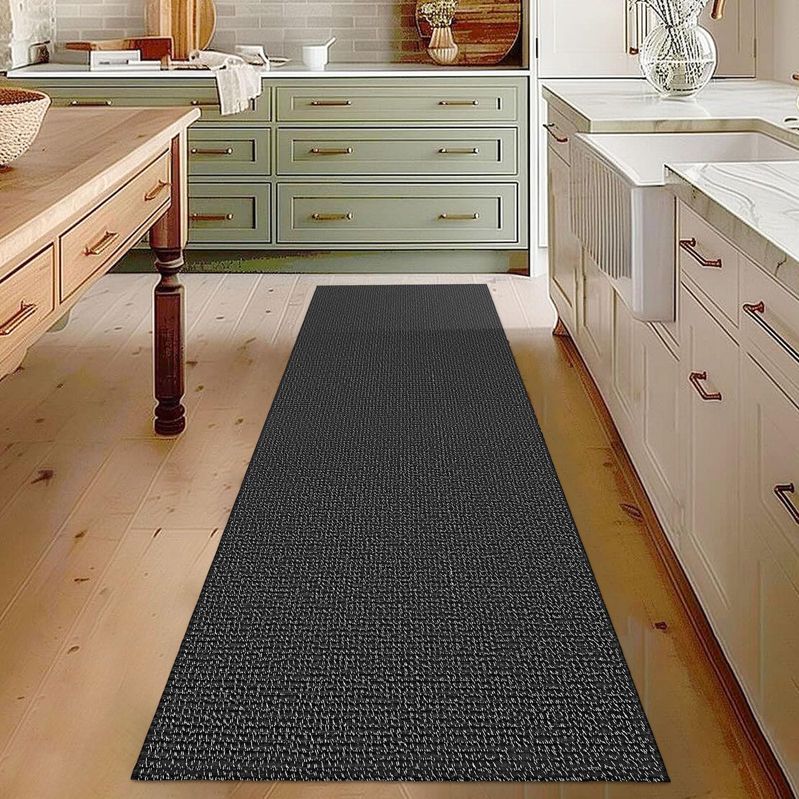 Alfombra trenzada de 2.6 x 8 pies, lavable, para pasillos, cocina, con respaldo de goma, de algodón, para entrada, interior, alfombra tejida para pasillo, cocina, dormitorio, color negro y blanco