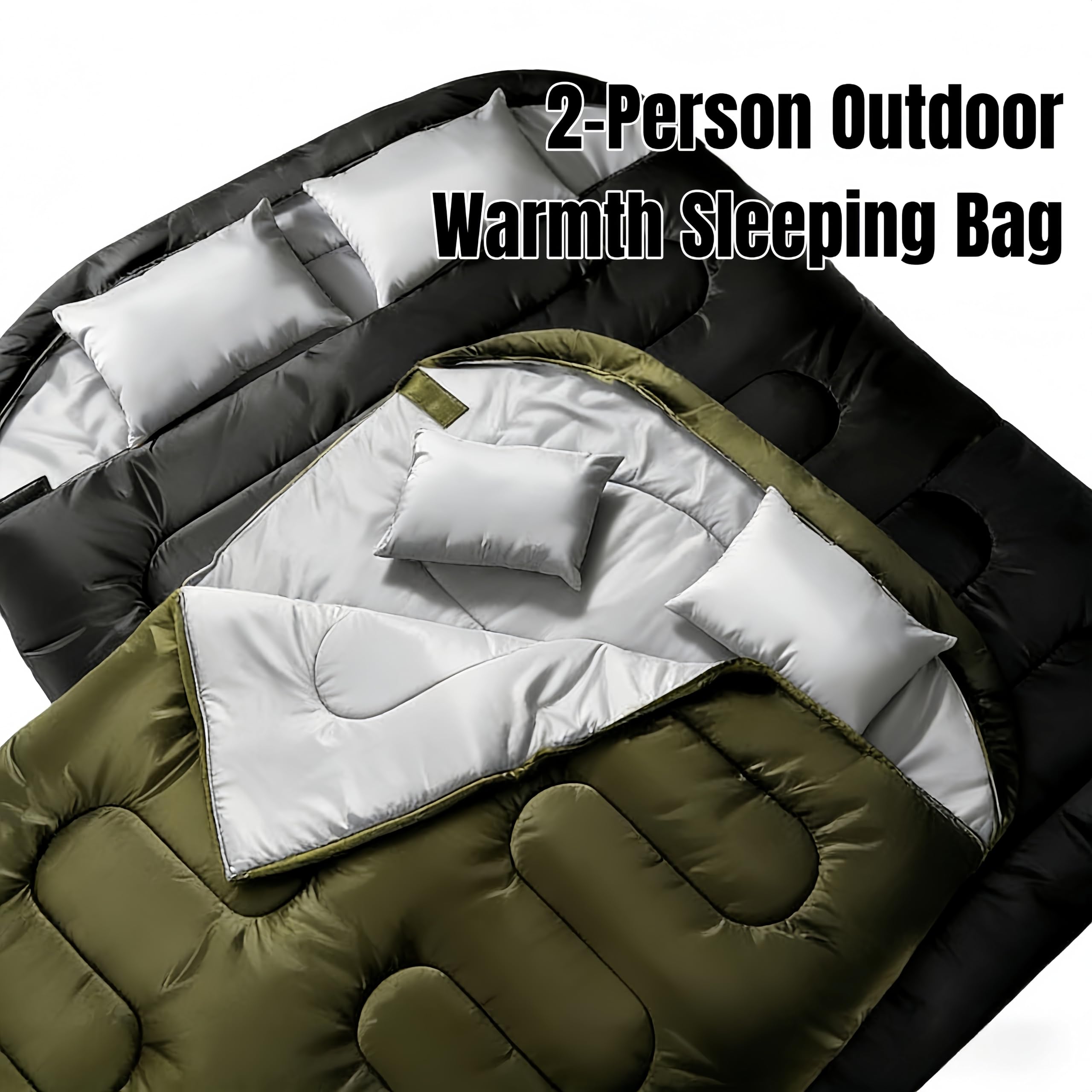 Gigoteuse double 2P 220 x 150 cm, sac de couchage 3 en 1 divisible en 2 sacs individuels, sac de couchage de camping imperméable avec oreiller, lavable, léger, sac de couchage extérieur, randonnée