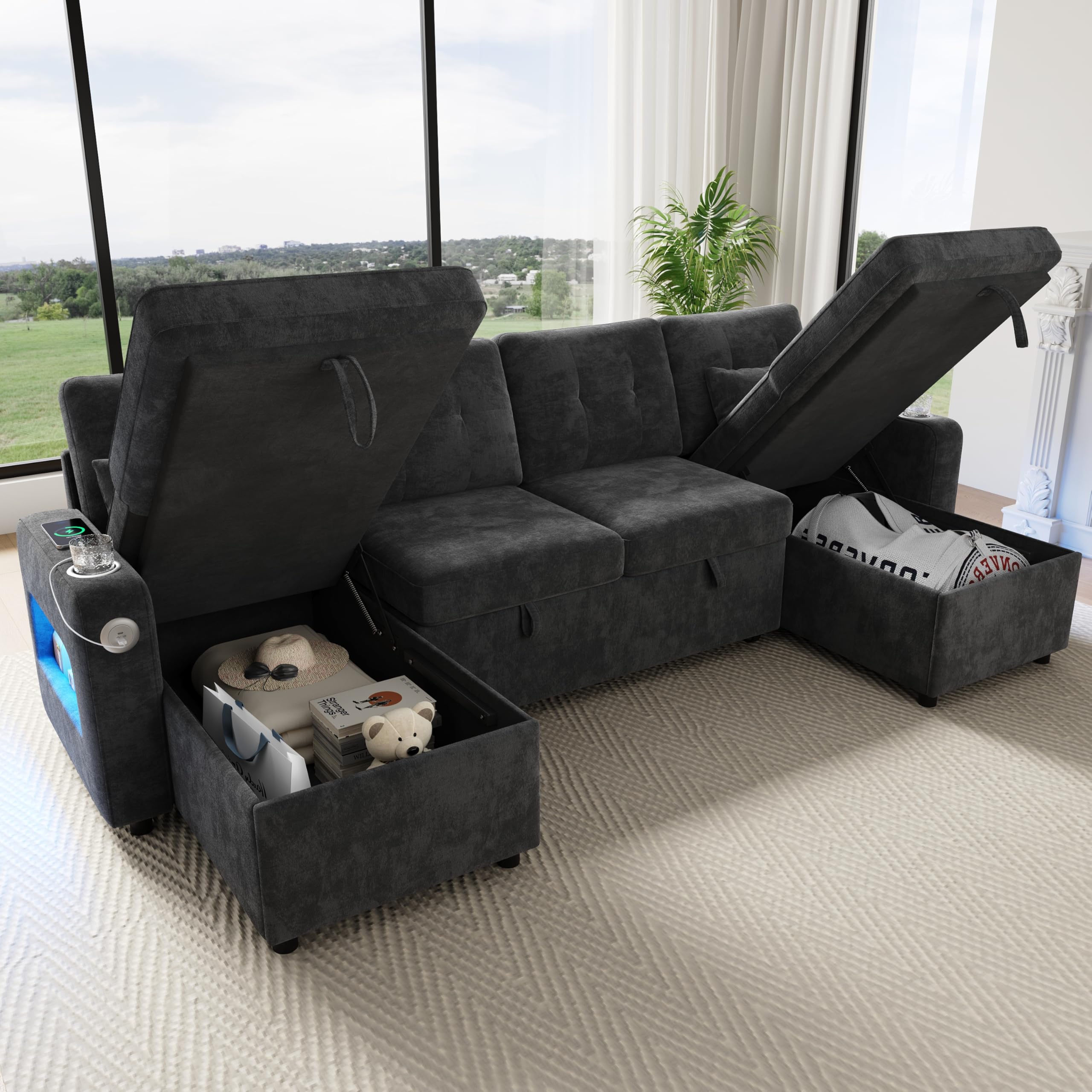 Sapgaks Canapé d'angle Convertible Moderne en U avec LED,Port de Chargement USB,Porte-gobelet,Poches latérales,Espace de Rangement,canapé lit,canapé Convertible 4 Places,Chenille (B-Gris)