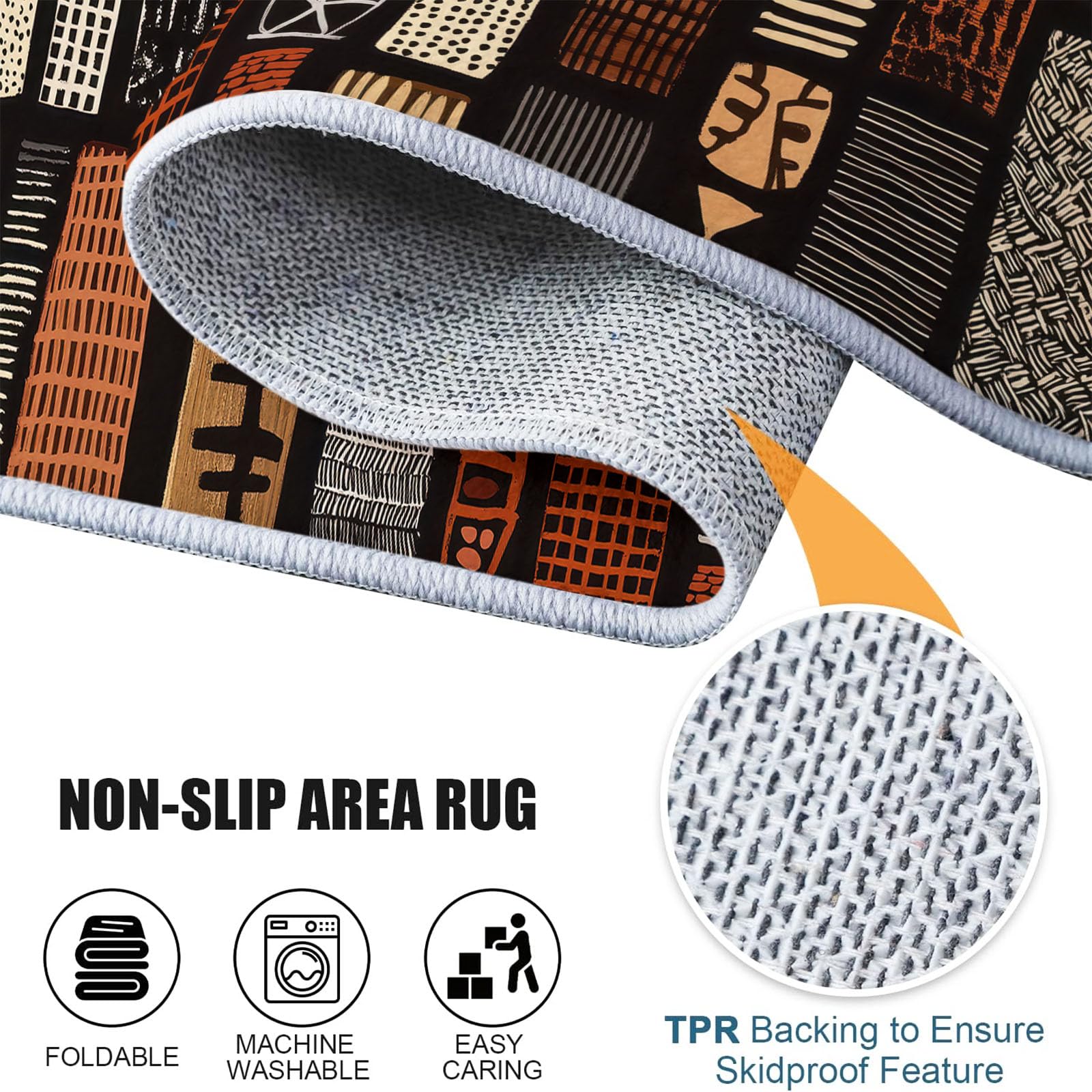 Grande tappeto etnico africano per soggiorno, 160 x 230 cm, lavabile, antiscivolo, a pelo corto, tribale, geometrico, patchwork, quadrato, leggero, resistente, per soggiorno, camera da letto, ufficio
