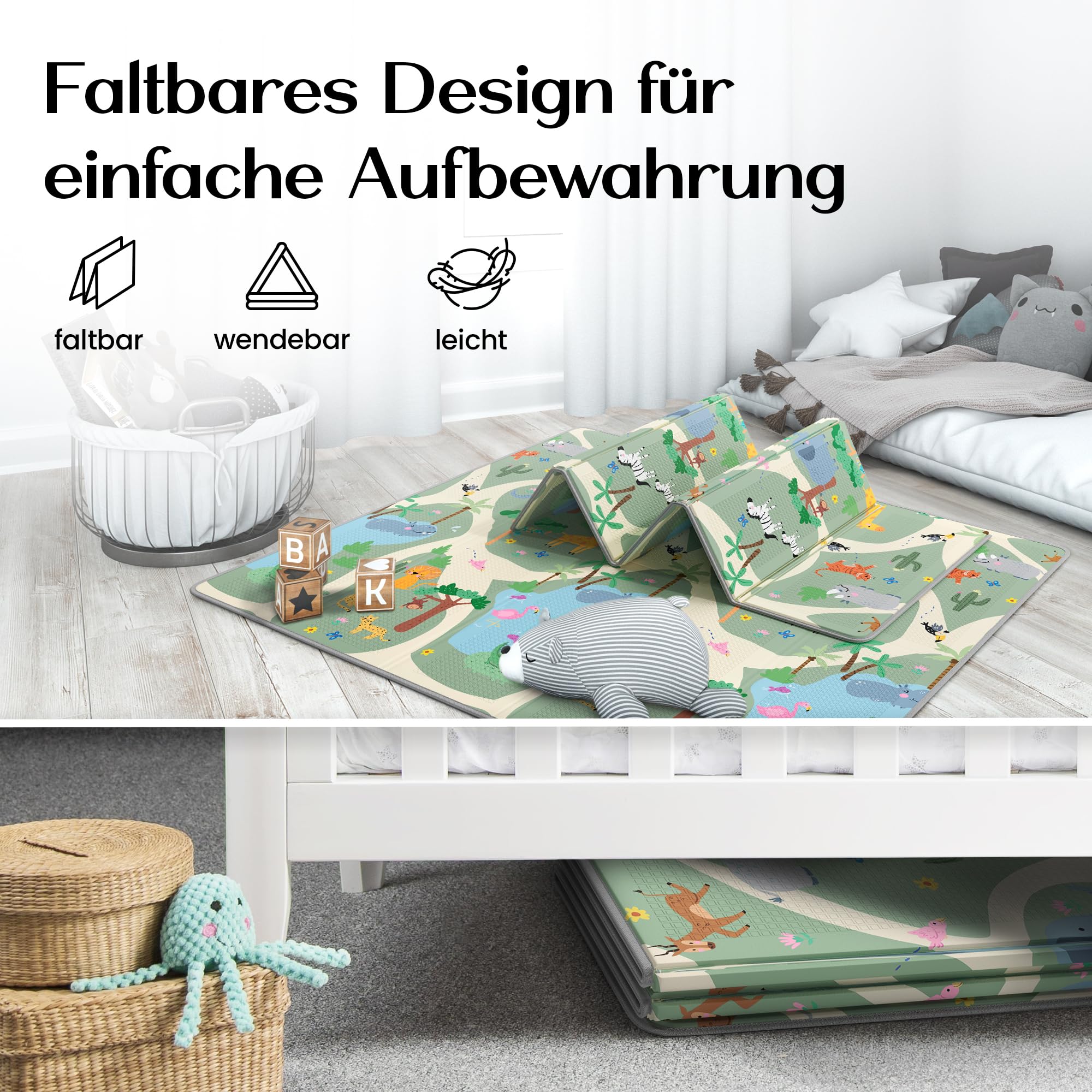 Krabbelmatte Spielmatte für Baby & Kinder Faltbar & Schadstofffrei 150 x 180cm | Kinderzimmer Spielteppich Play Mat Babymatte Bodenmatte | Tragbar & Wasserdicht für Innen & Outdoor - Safari