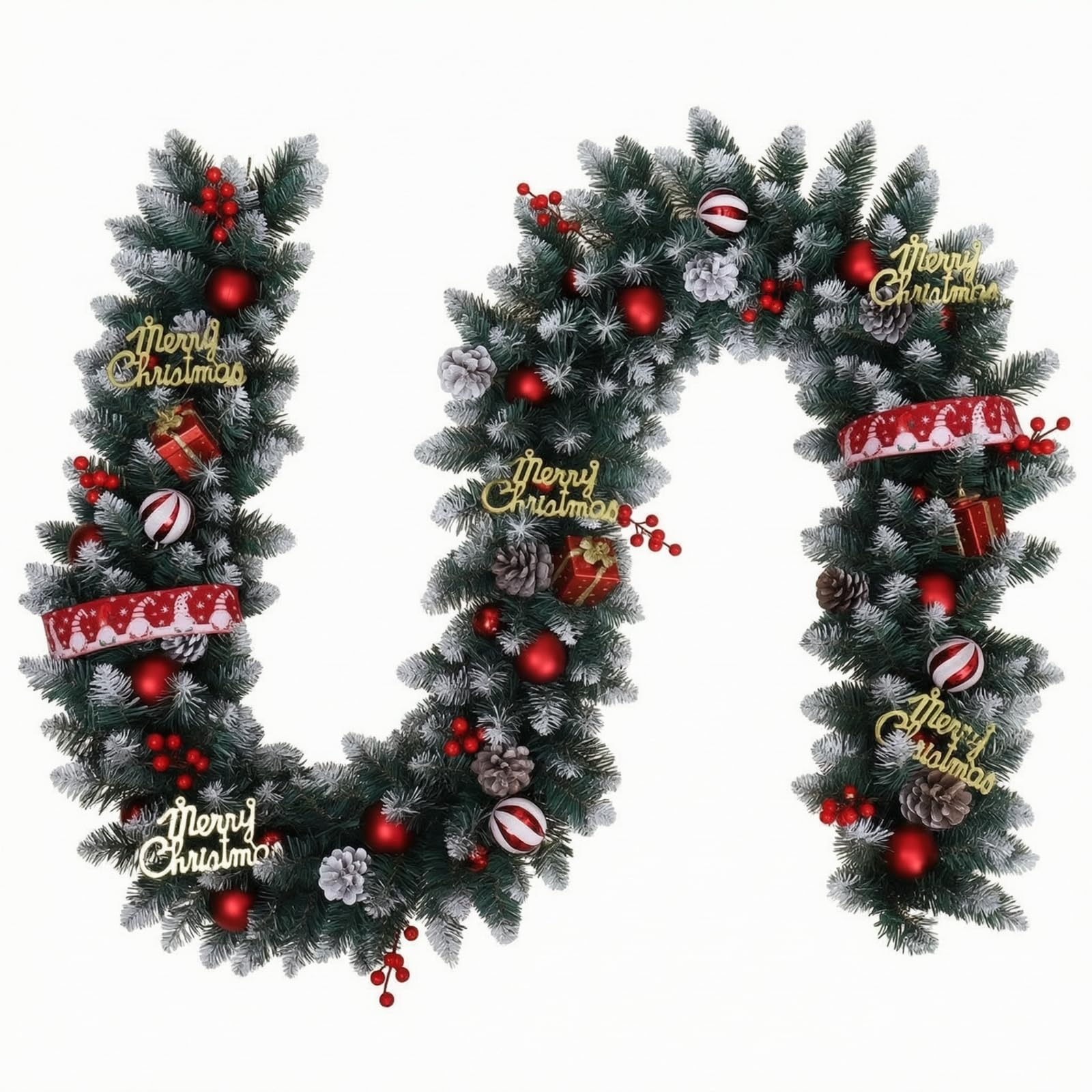 Ghirlanda Natalizia Folta Decorazione, Ghirlanda Natalizia Da 270 Cm Con Estremità Appuntite, Effetto Neve Bianca, Palline Rosse E Nastro Con Motivo Regalo, Senza Luci, color to 12