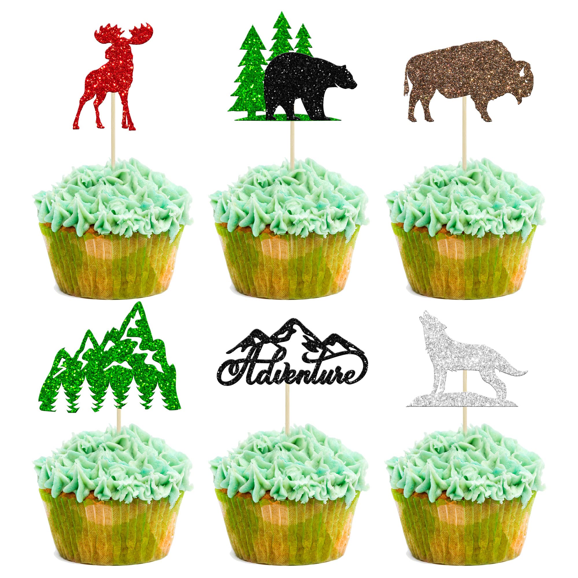 24Pcs Woodland Creatures Theme Cupcake Toppers Tree Mountain Deer Bear Cupcake Picks Safari Jungle Animals Theme Baby Shower Birthday Party Cake