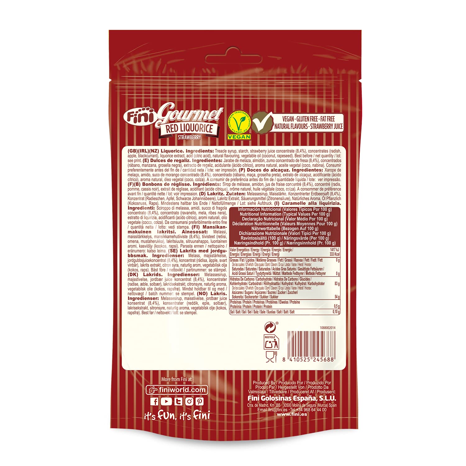 Fini Regaliz Fresa Gourmet Red Liquorice Vegano Sin Gluten 180 gr