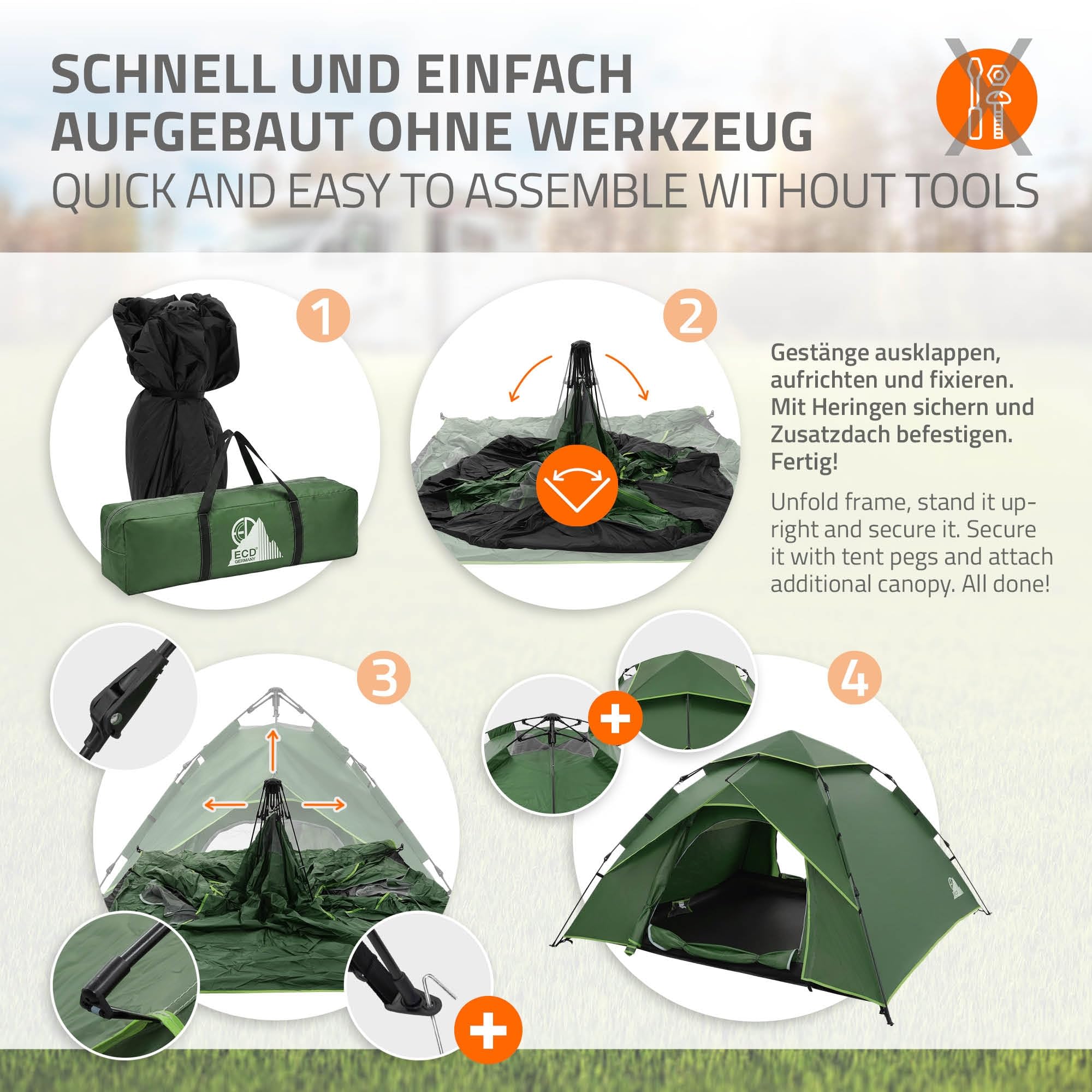 ECD Germany Tente Pop Up 4 Personnes, Résistante au Vent et Respirante, Tente de Camping Plage, Imperméable Légère, Dôme à Double Couche pour Randonnée Pêche avec Sac de Transport, Vert/Gris