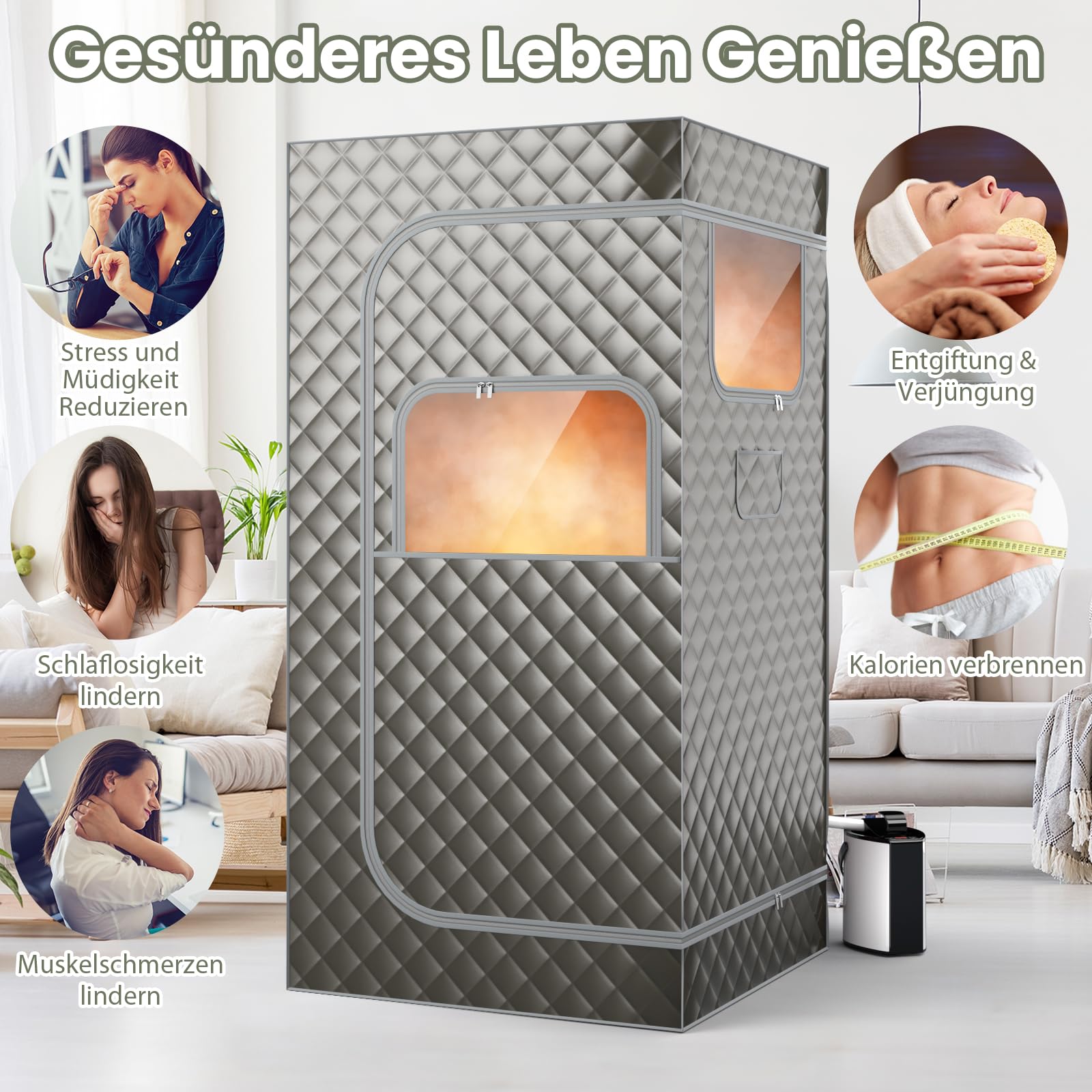 RELAX4LIFE Sauna Portátil 3L con Mando a Distancia y Silla Plegable, Sauna de Vapor con 9 Niveles de Temperatura, Temporizador 15-90 Min y Función de Nebulización, Mini Sauna 1000W (Gris)