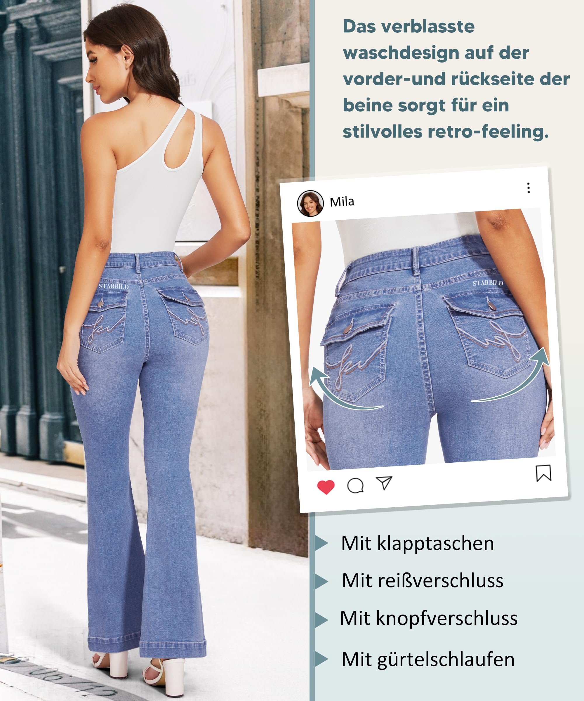 STARBILD Flared Fit Jeans High Rise Évasé avec Poche Cargo pour Femme, Stretch Jegging Bootleg Taille Haute Pantalon à Patte Éléphant