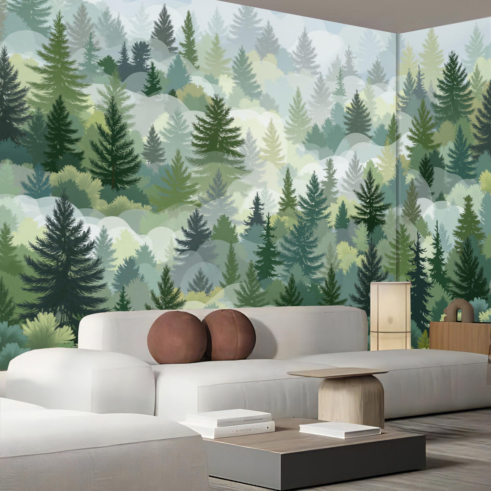 Papier Peint Panoramique Forêt Brumeuse À L'Aquarelle, Papier Peint Paysage Minimaliste Pour Chambre, Décoration Fresque Murale Pour Salon, 350X256Cm (L X H) Mural Wallpaper, Vert Foncé