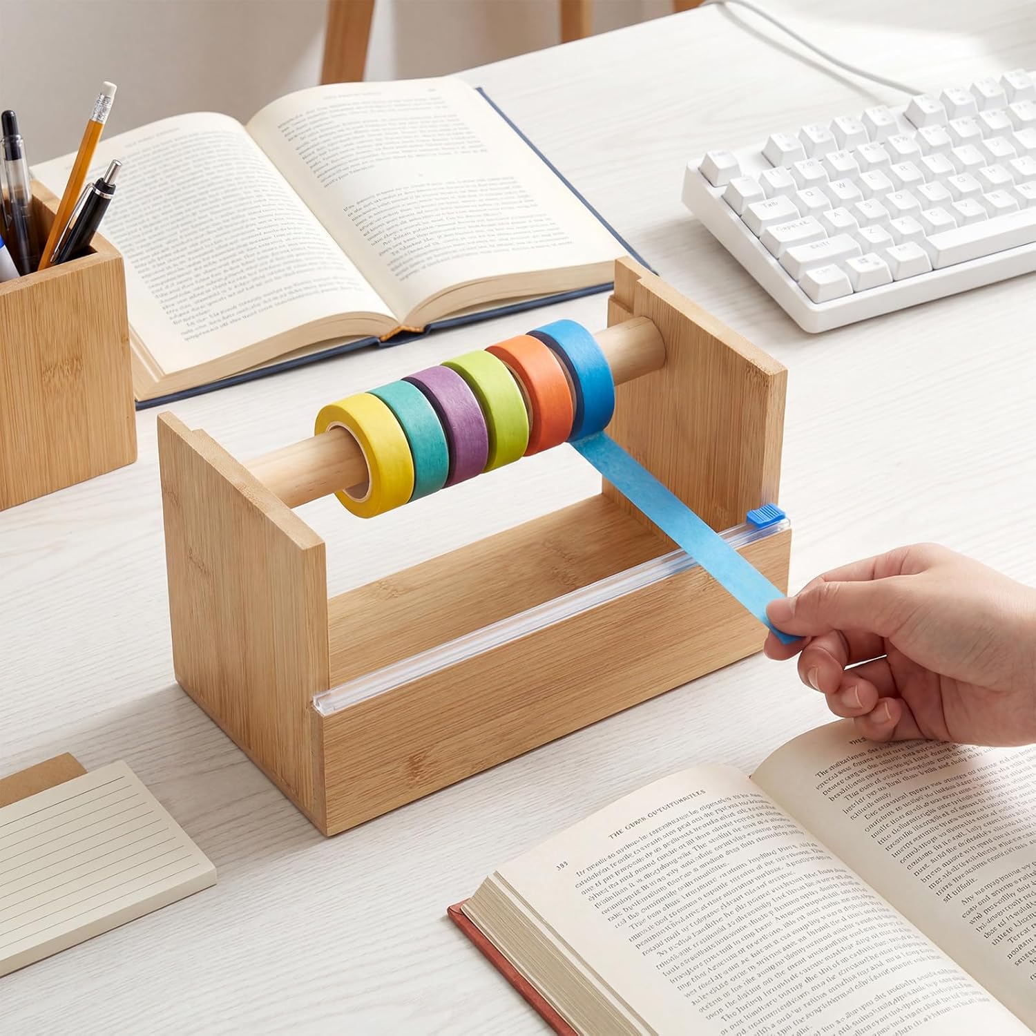 Hoteam 2 Pack Wood Masking Tape Dispenser, Multi Roll Washi Tape Cutter Holder for Gift Wrapping, Kitchen, Office, Desktop Craft, 9.4" x 5.5" x 5"