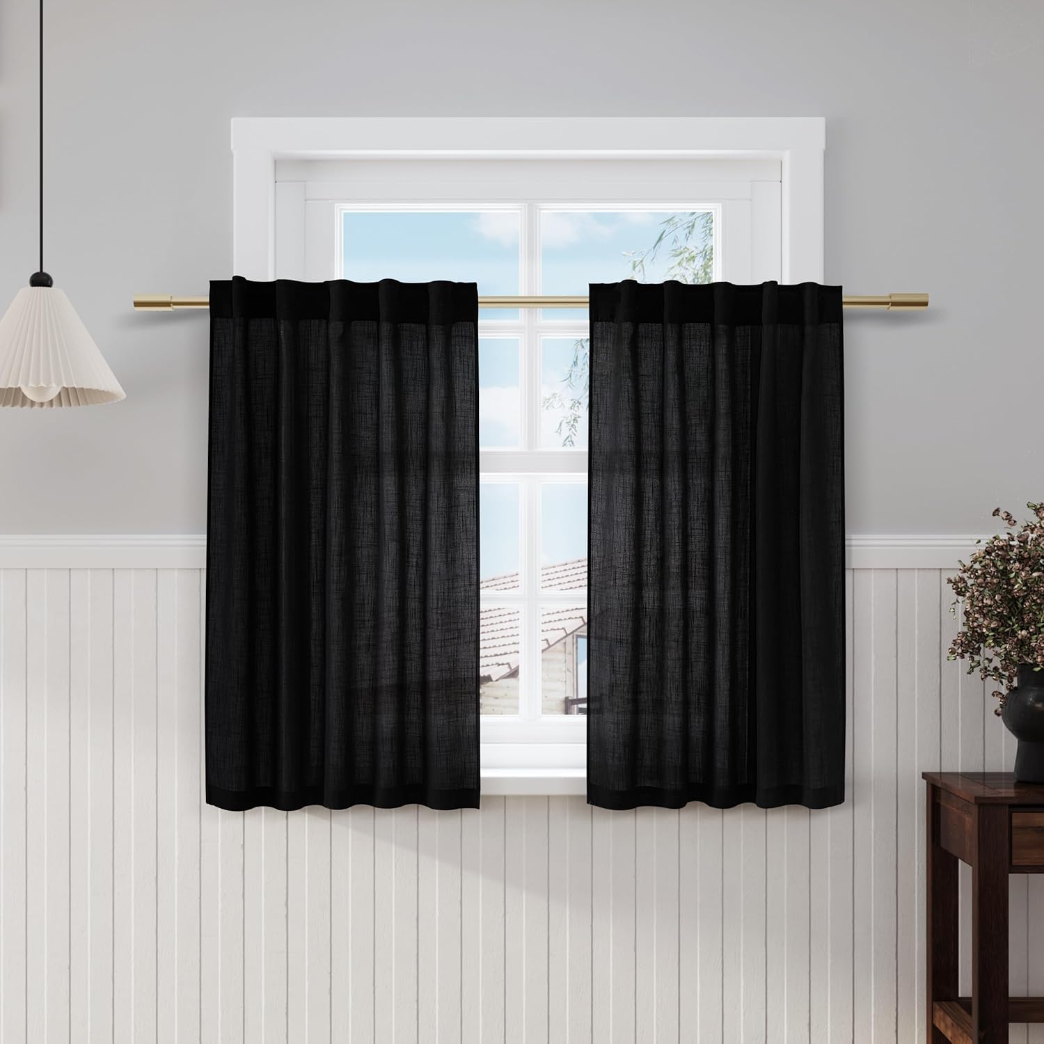 光沢のある既成サイズリネンカーテン [ダークブラウン Chintz] リネン100％カーテン / ドレープ | ボー・デコール オンラインショップ ブラックリネンキッチンカーテン長さ45インチ2パネルバックタブポケットセミシアードレープショートナローミニカーテンティア小さなバスル