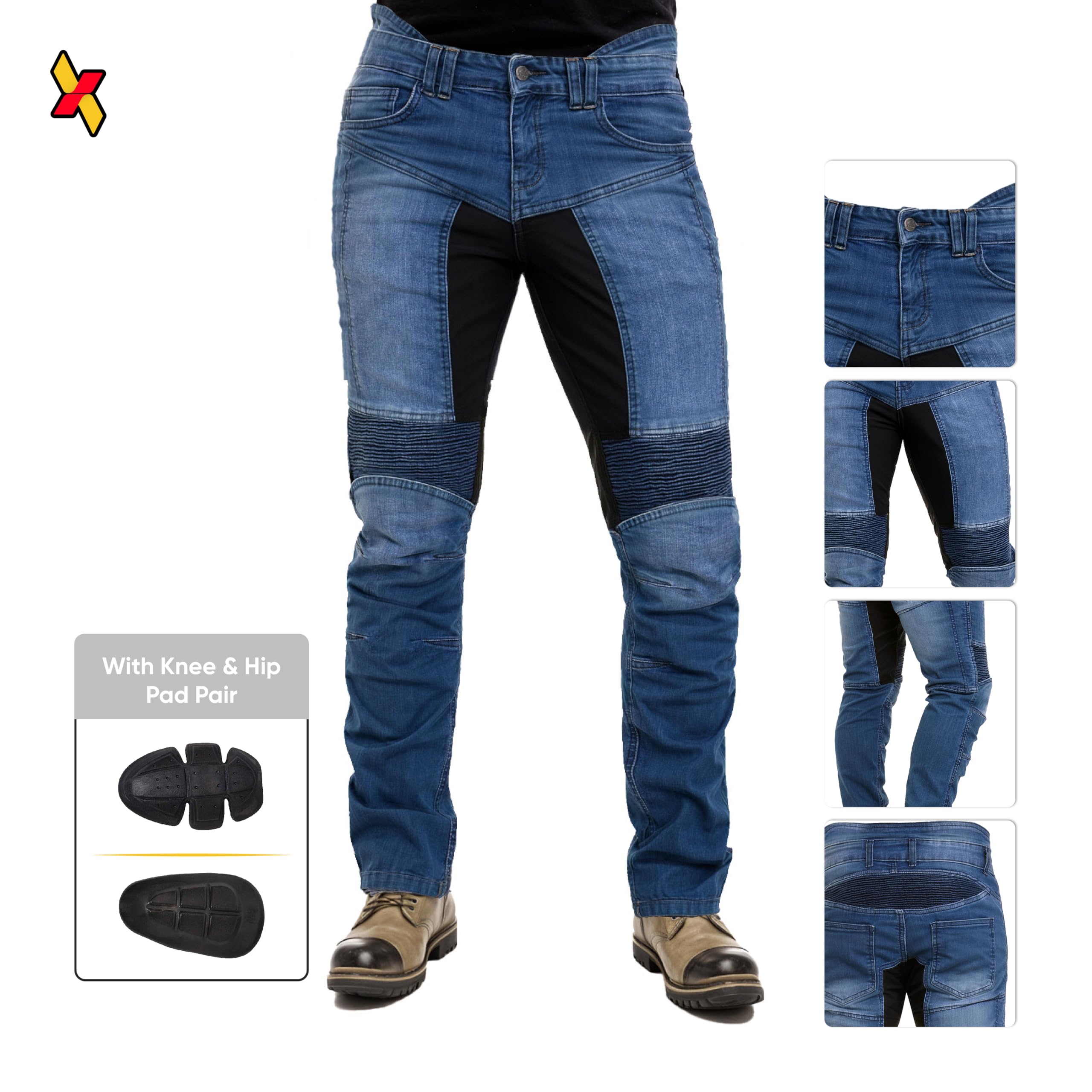 Juicy Trendz® Męskie spodnie motocyklowe, męskie dżinsy motocyklowe, z ochraniaczami, 023-niebieski, 36W / 30L